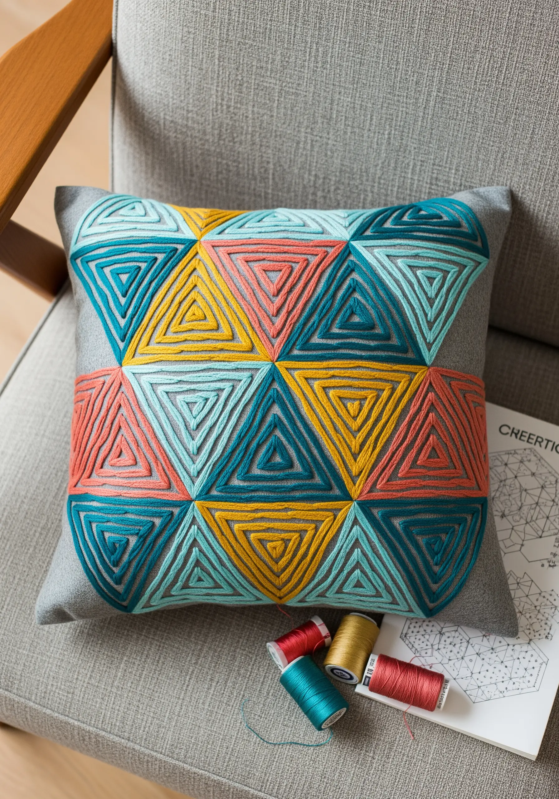 Gray throw pillow with a geometric pattern of colorful embroidered triangles.