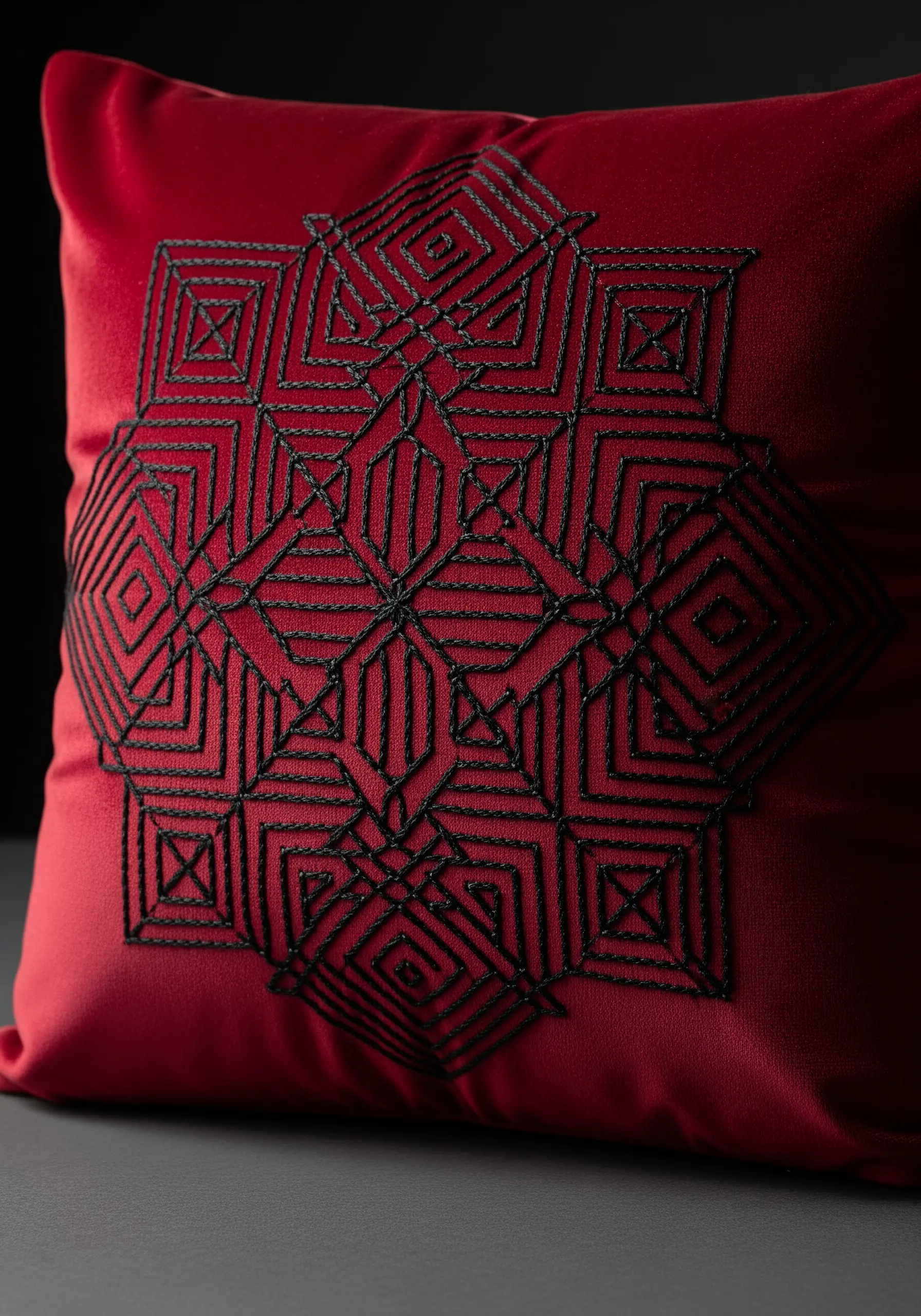 Intricate black-on-red geometric line art embroidered on a plush red velvet pillow.
