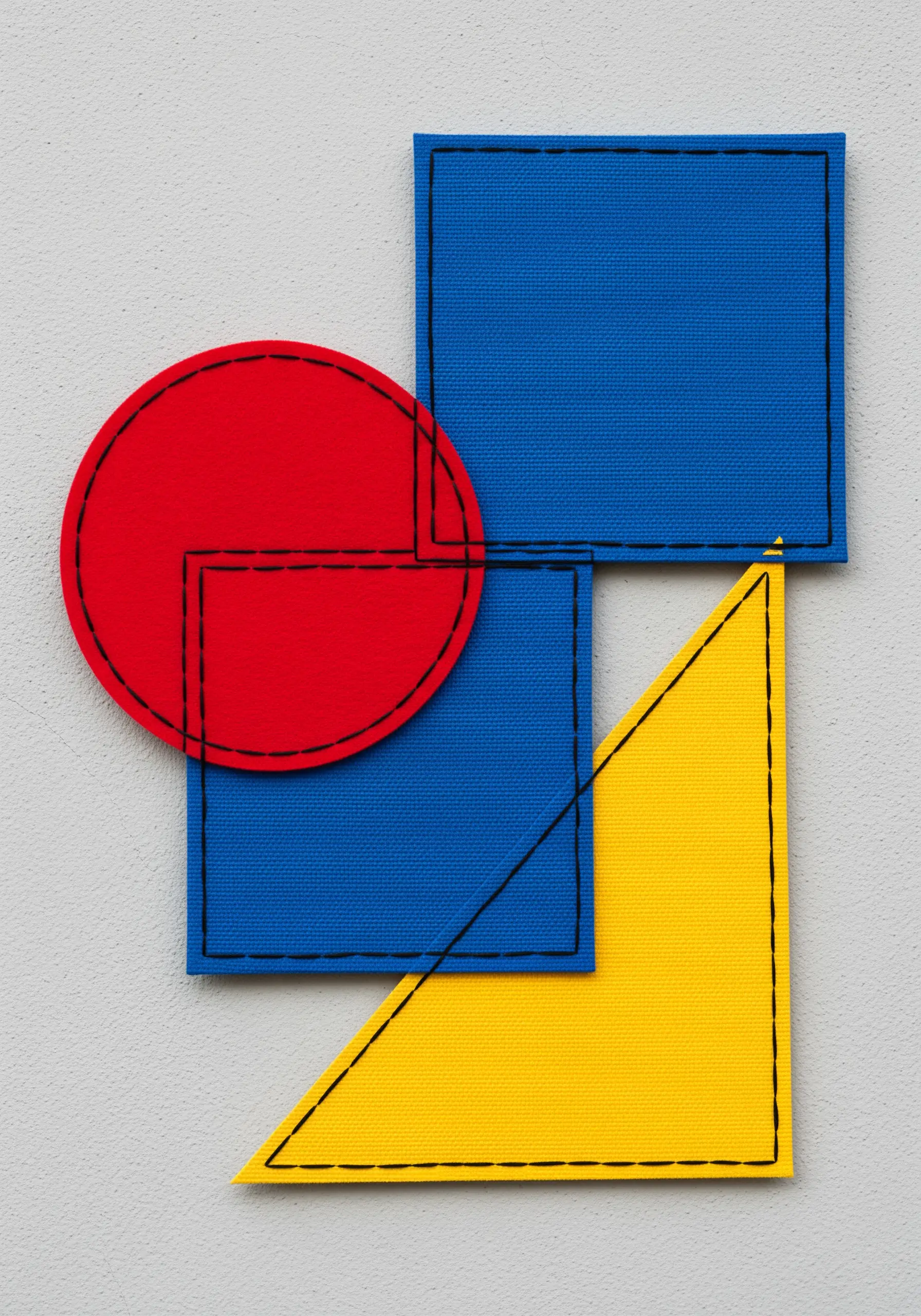 Abstract art with overlapping primary-colored geometric shapes outlined in black running stitch.