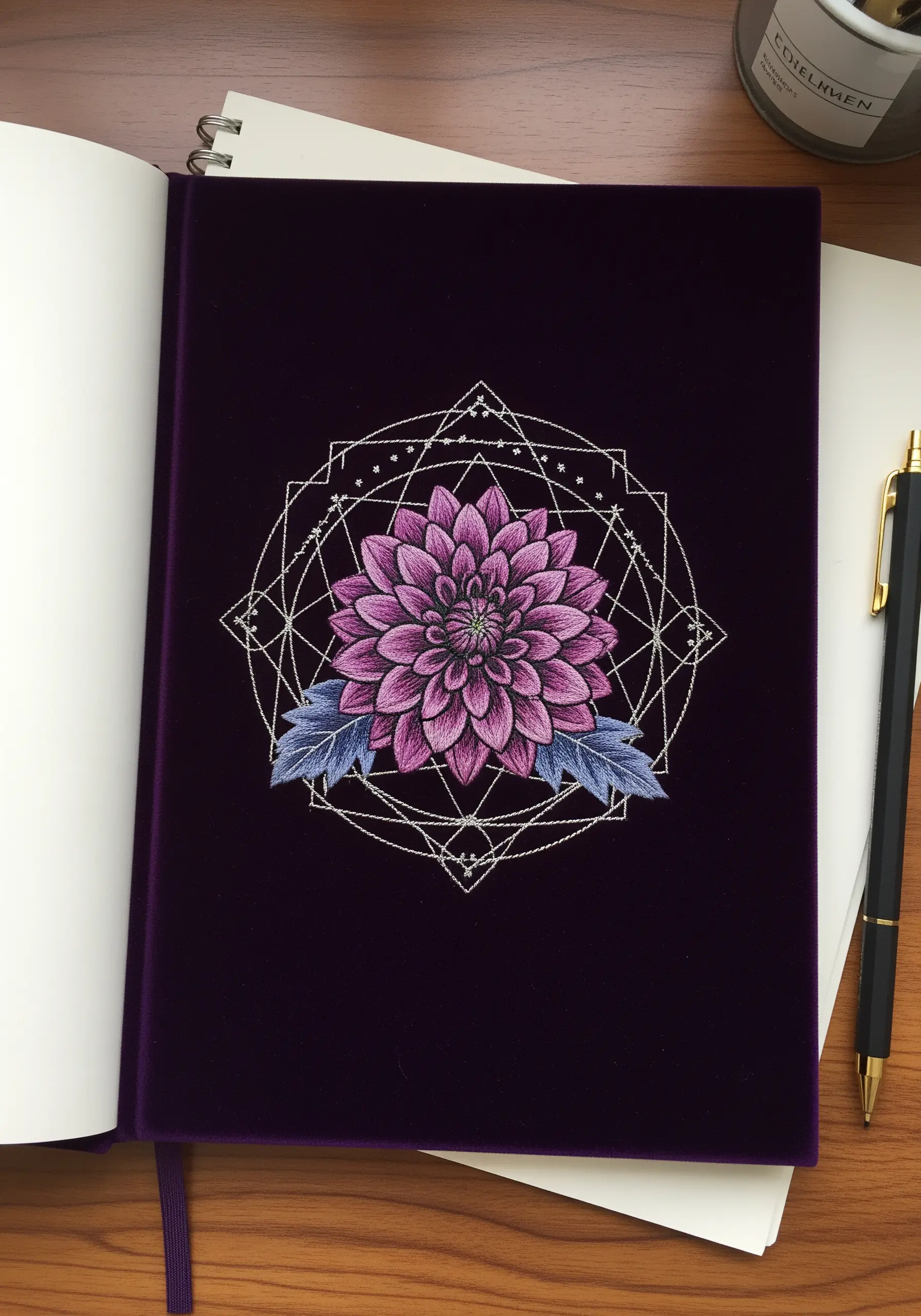 A detailed pink and purple dahlia embroidered over a geometric pattern on a velvet journal.