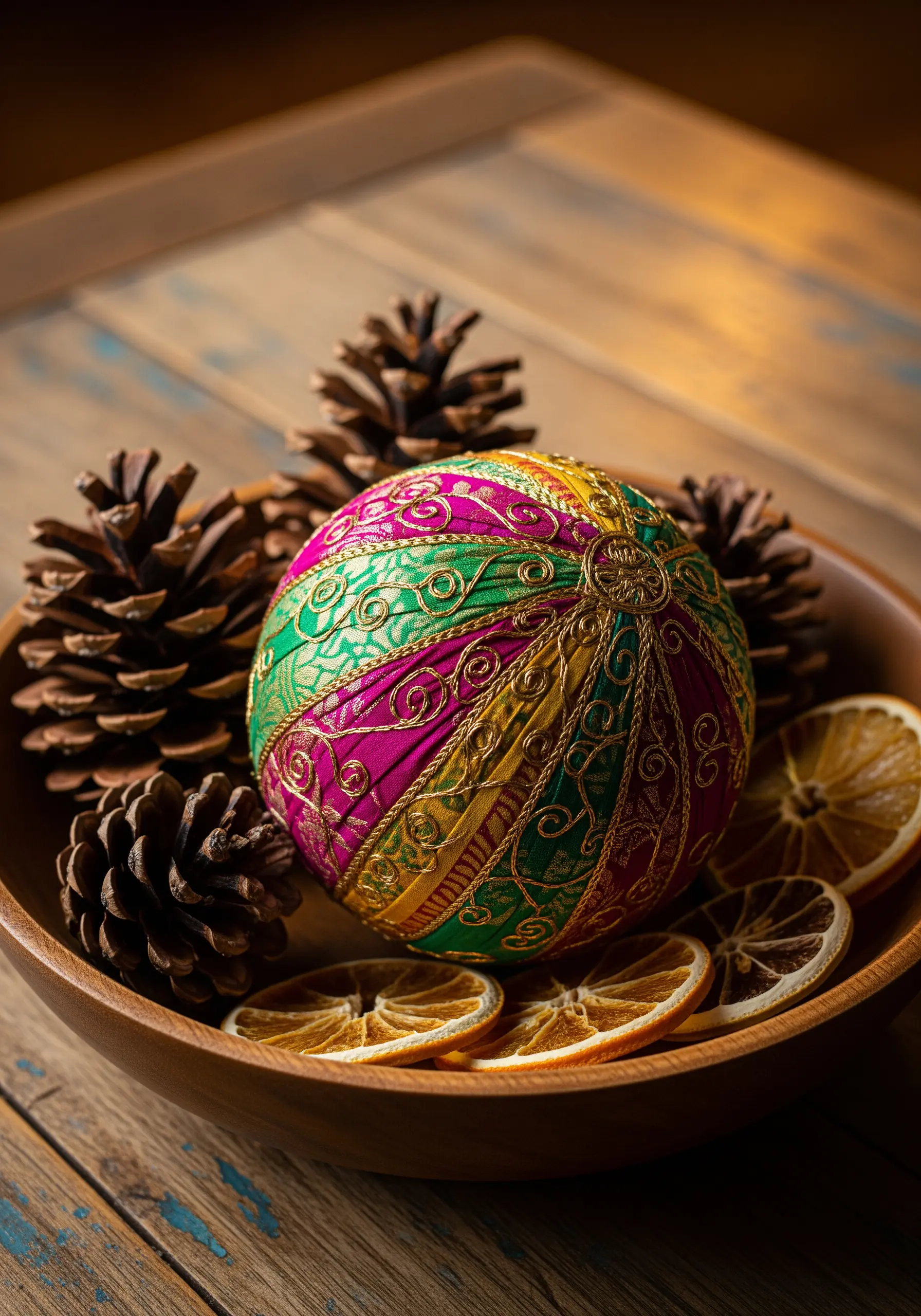 Temari ball with magenta and green geometric thread patterns