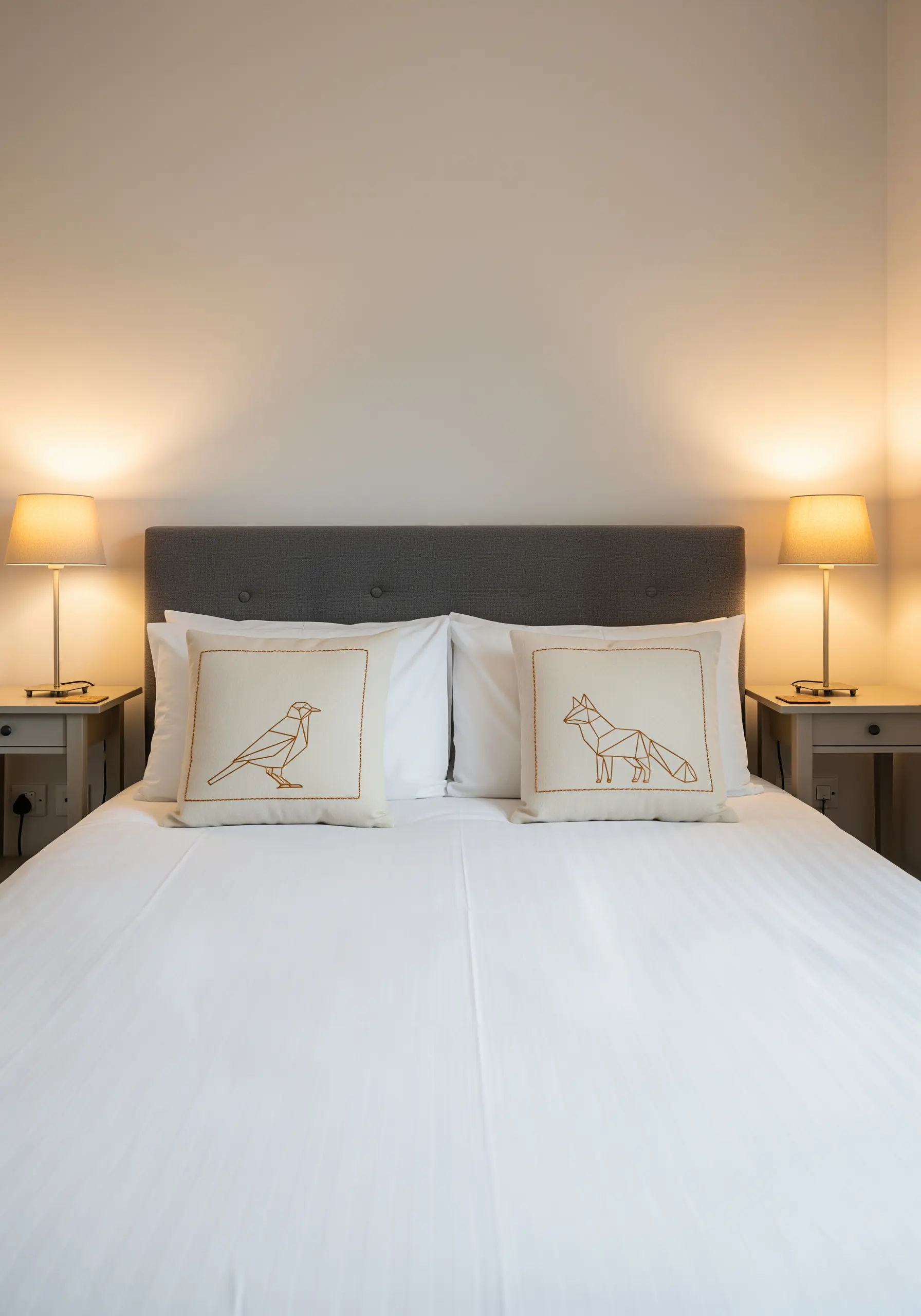 Two pillows on a bed, each embroidered with a geometric, line-art animal silhouette.