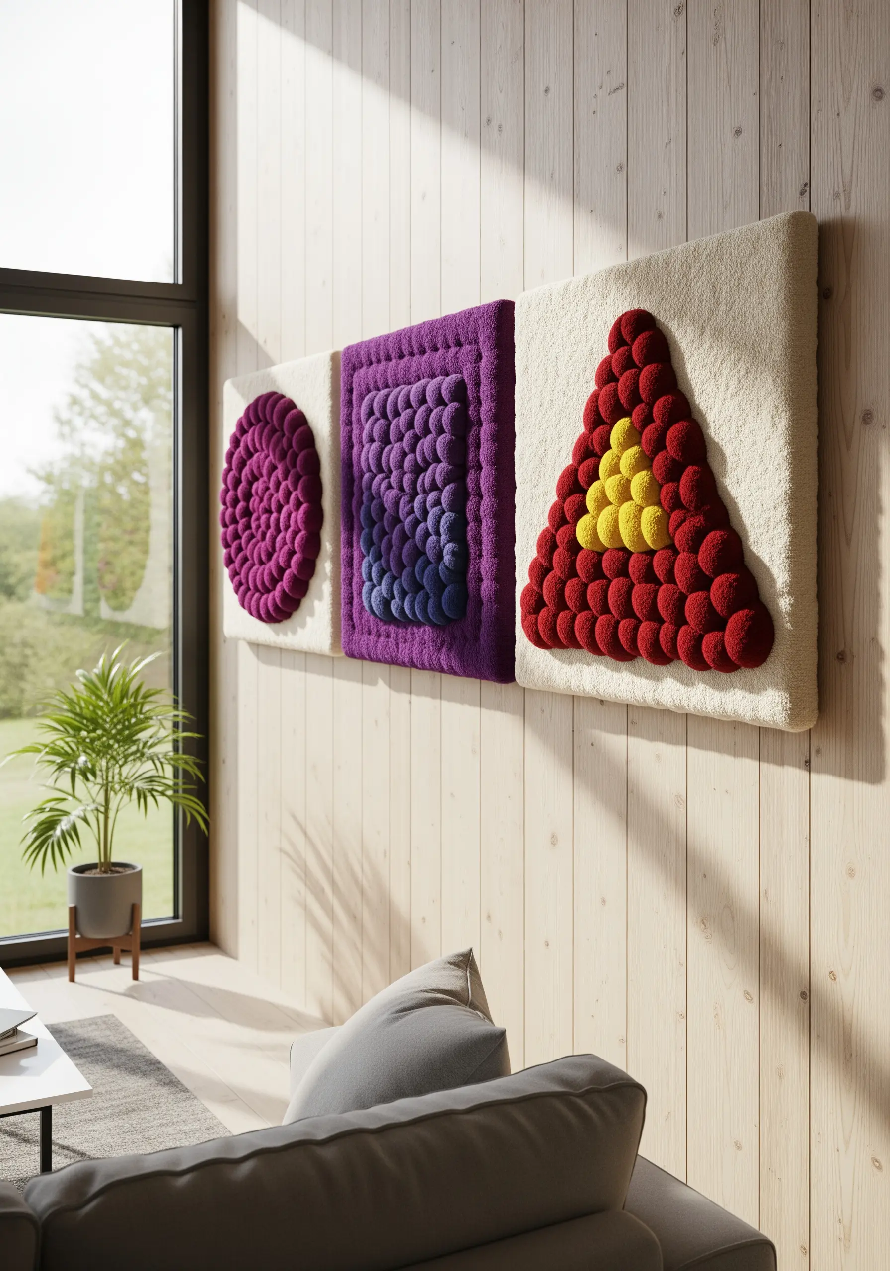 Three wall panels with geometric shapes made of tufted, colorful fiber dots.