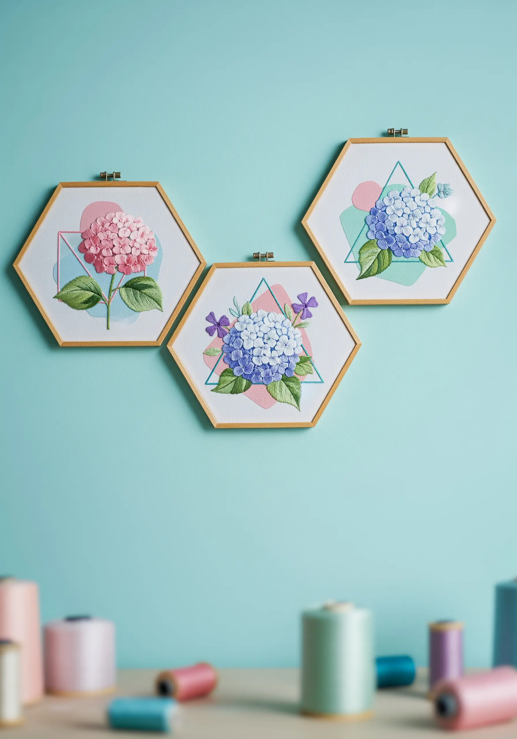 Three hexagonal hoops featuring hydrangeas intersecting with geometric triangles