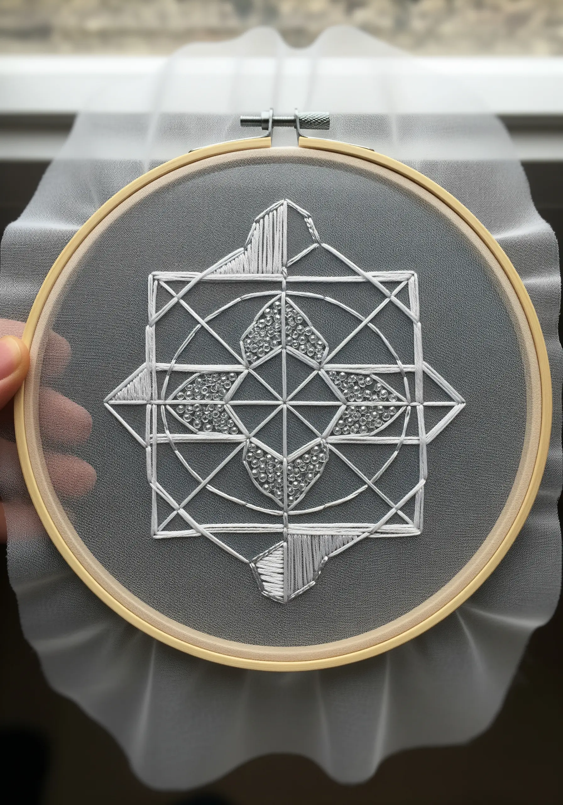 A white and silver geometric mandala with satin stitch and beading, embroidered on sheer fabric.