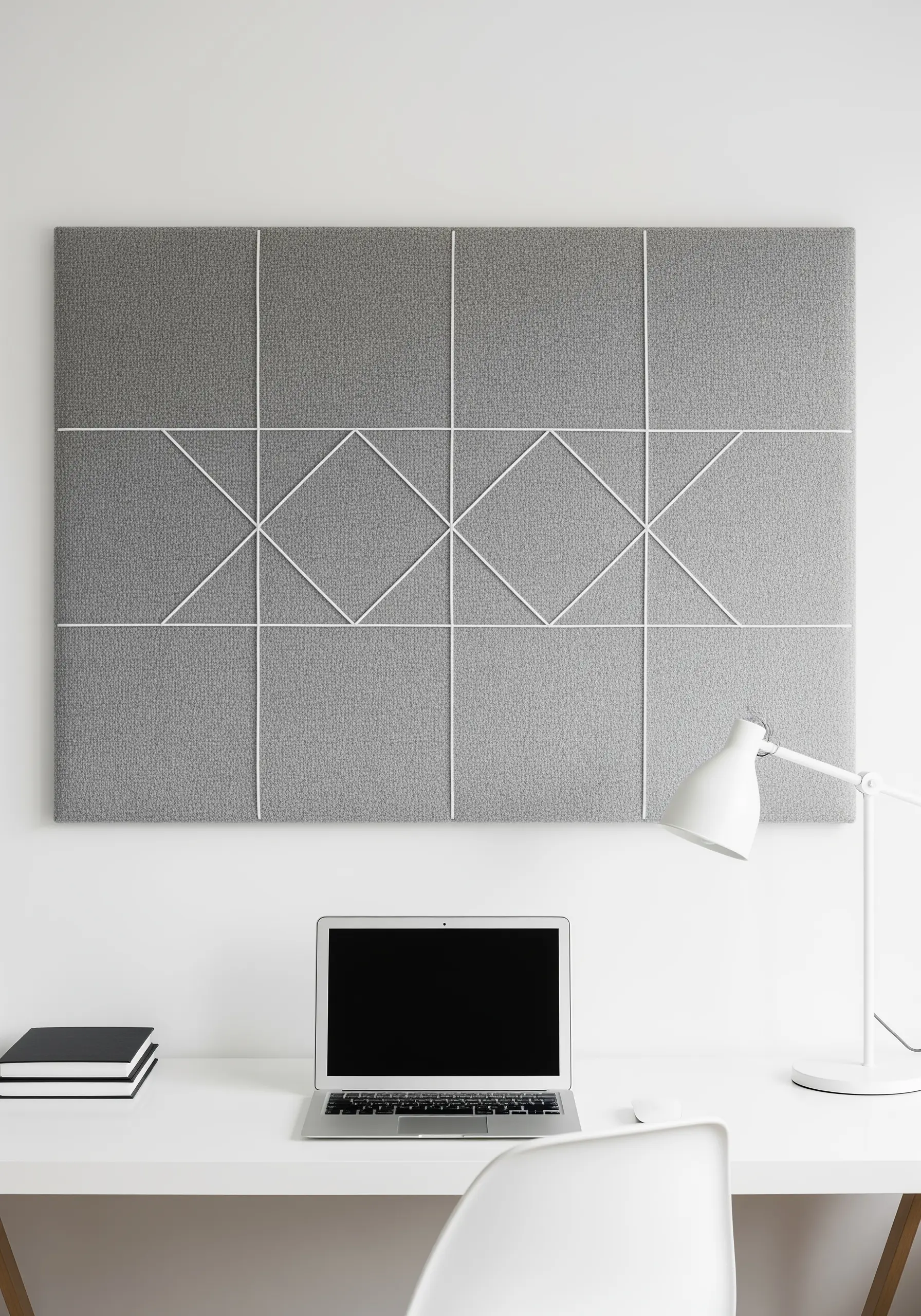 A large grey fabric panel on a wall featuring a geometric pattern of taut white lines.