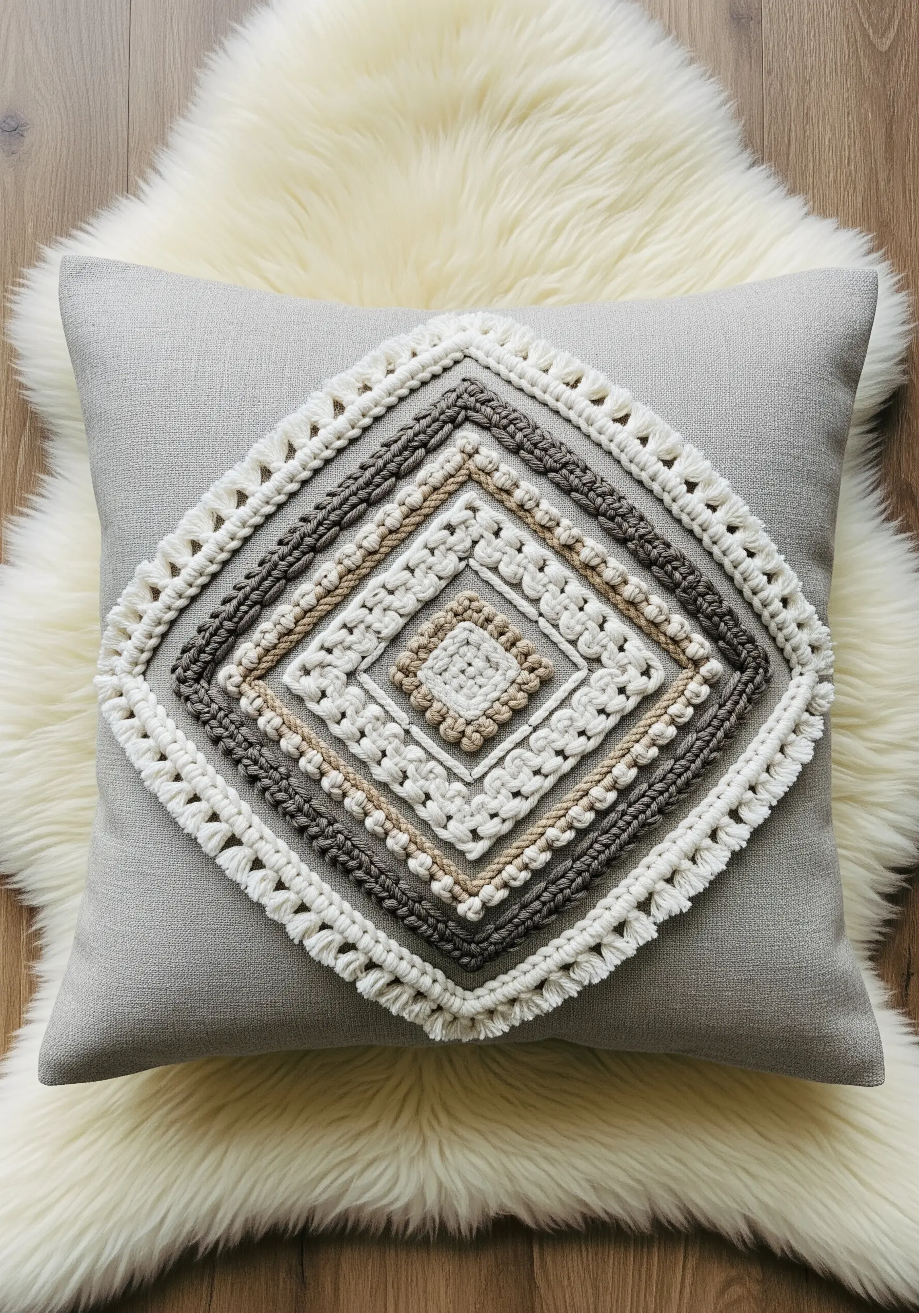 A gray pillow decorated with a large diamond pattern made from macrame knots.