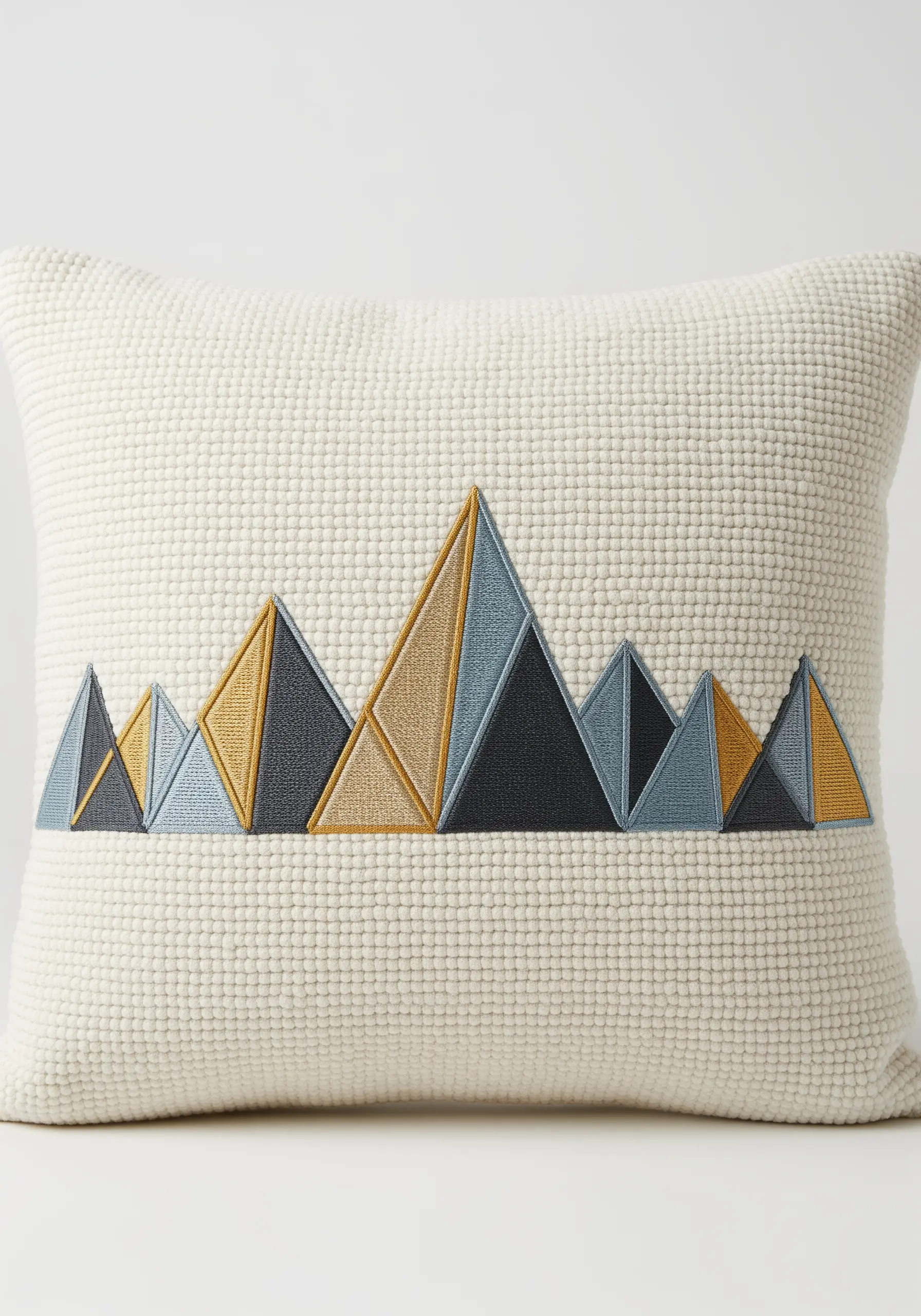 Geometric mountain range embroidered in gold, blue, and gray on a white waffle-weave pillow.