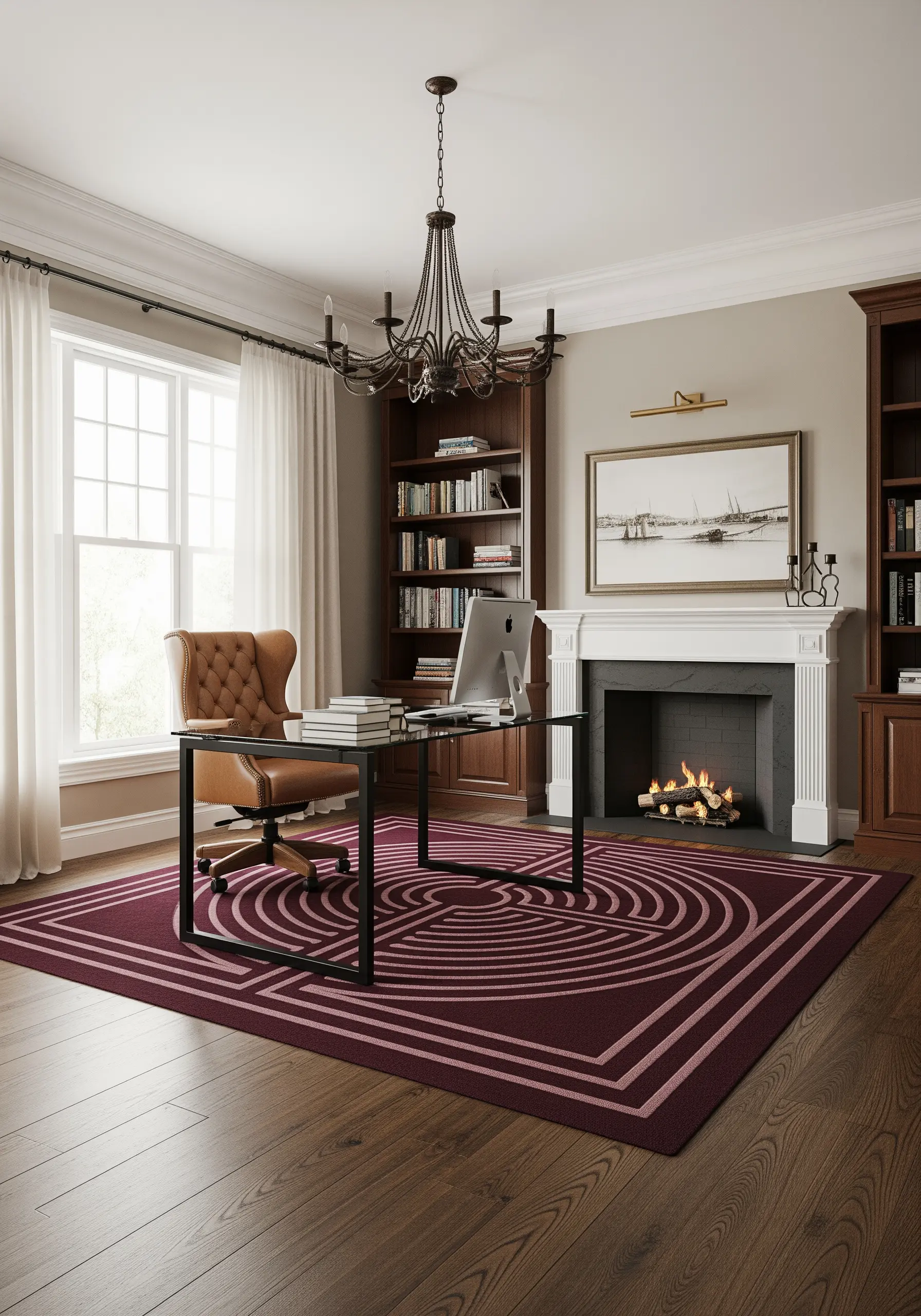 A burgundy area rug with a geometric labyrinth pattern in a lighter pink tone.