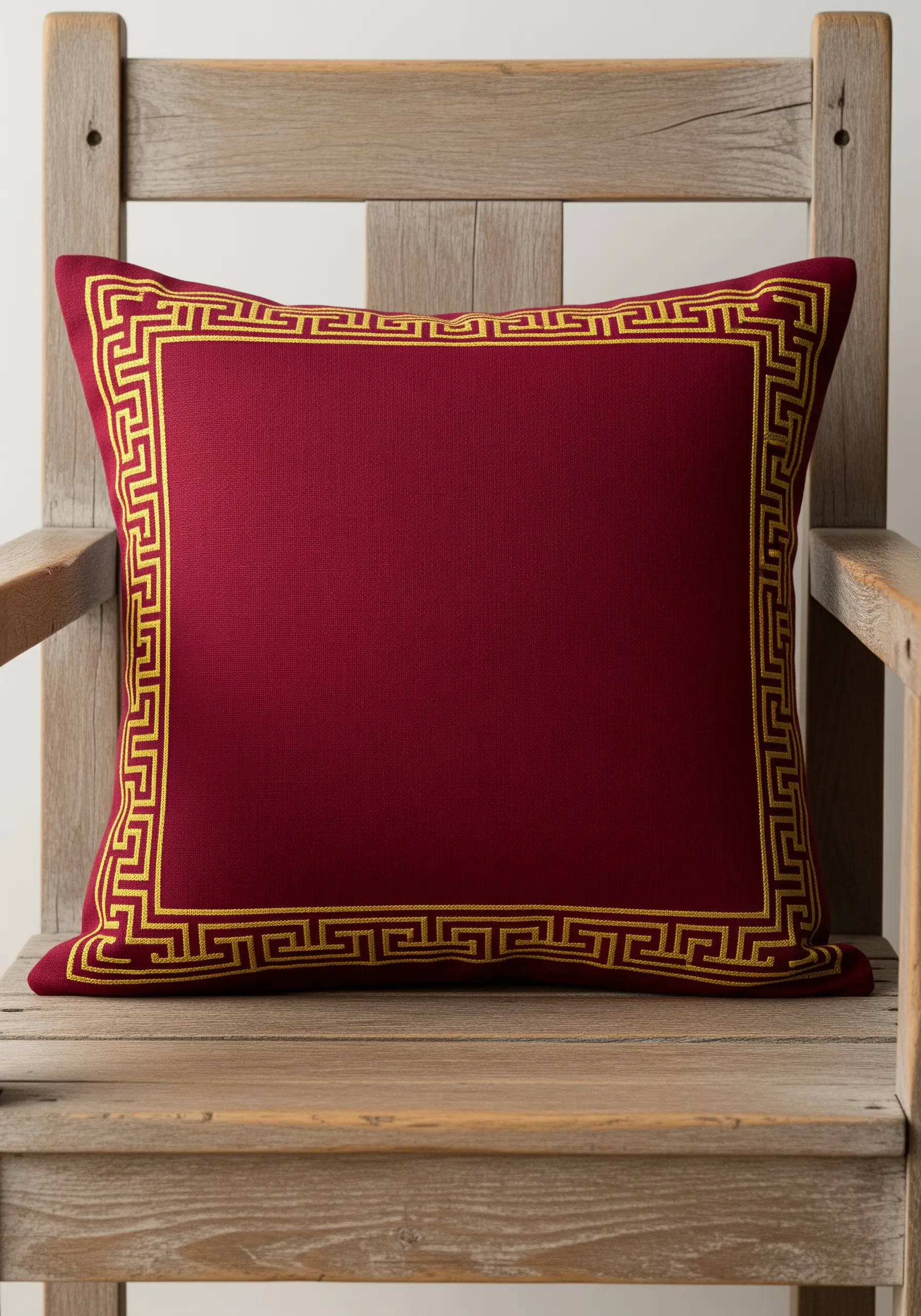 Gold thread Greek key border embroidered on a red cushion.