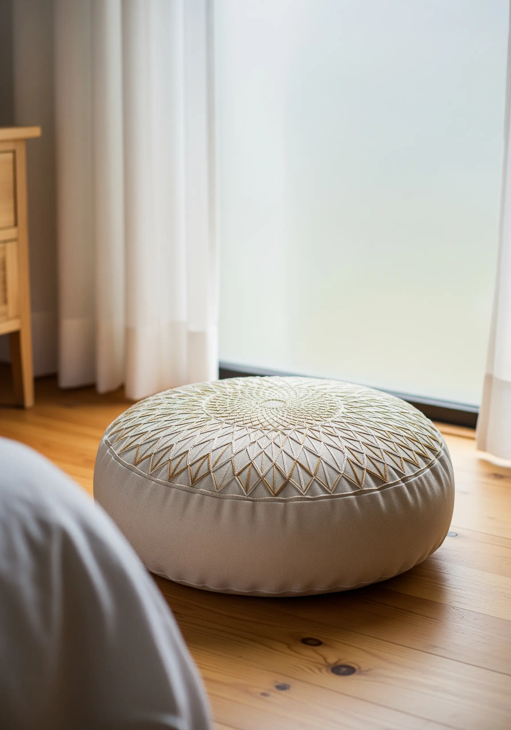 A beige floor pouf with a precise geometric pattern stitched in a shimmering gold thread.
