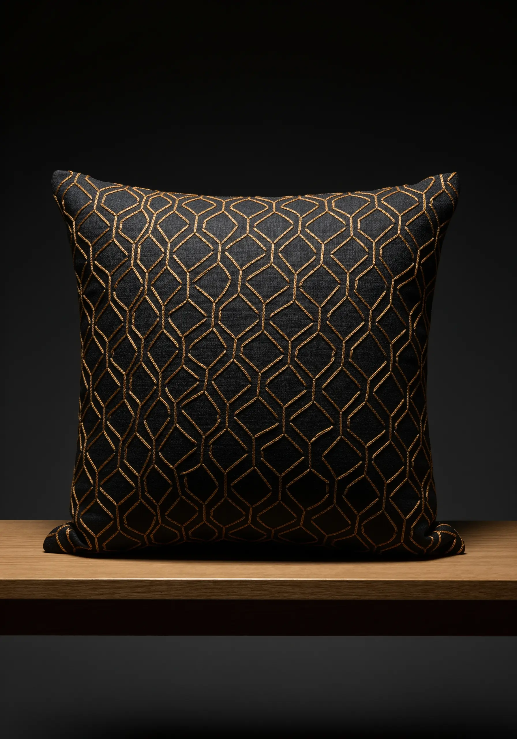 Black pillow with an intricate geometric pattern stitched in gold metallic thread.