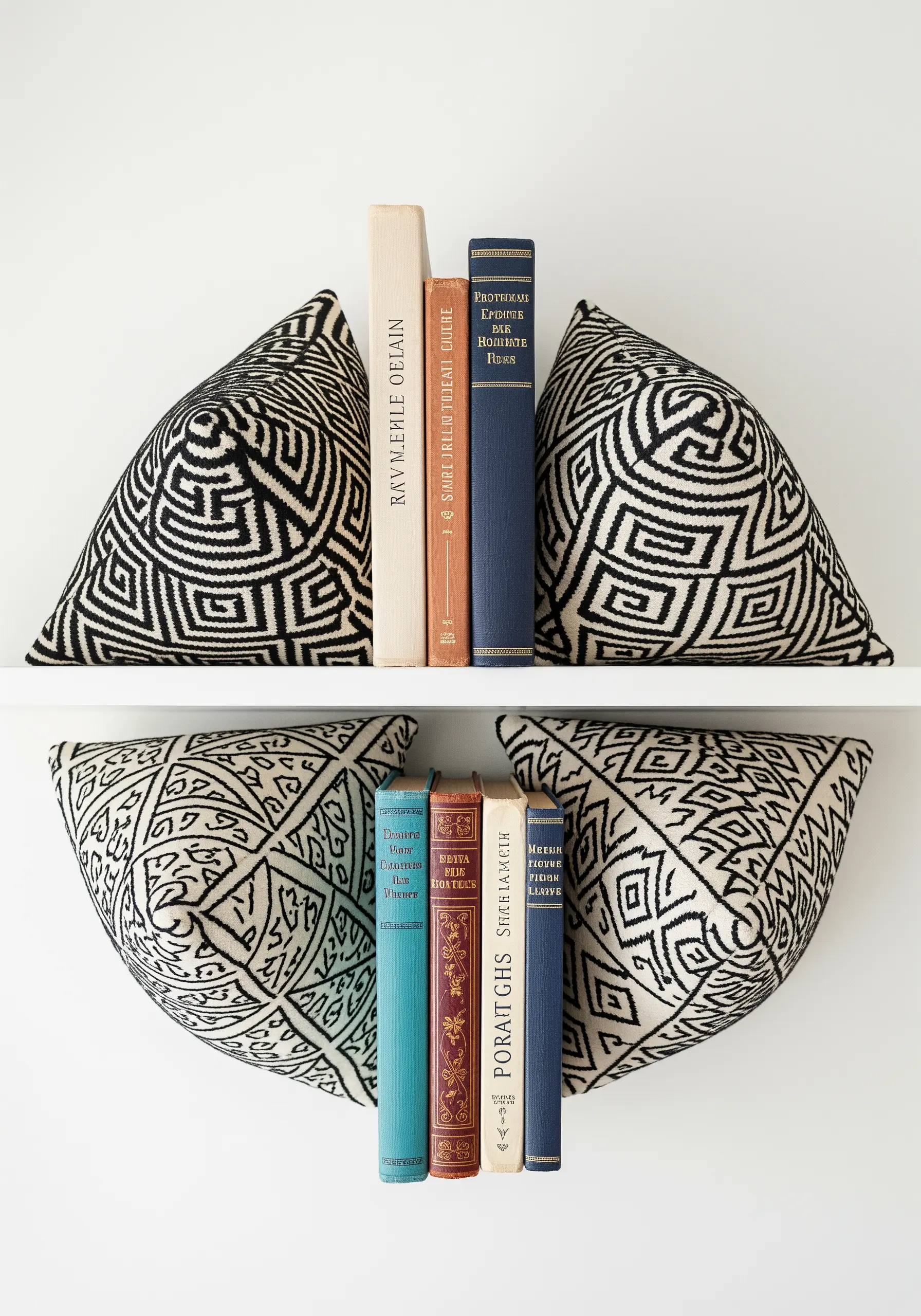 Pyramid pillows with black geometric embroidery