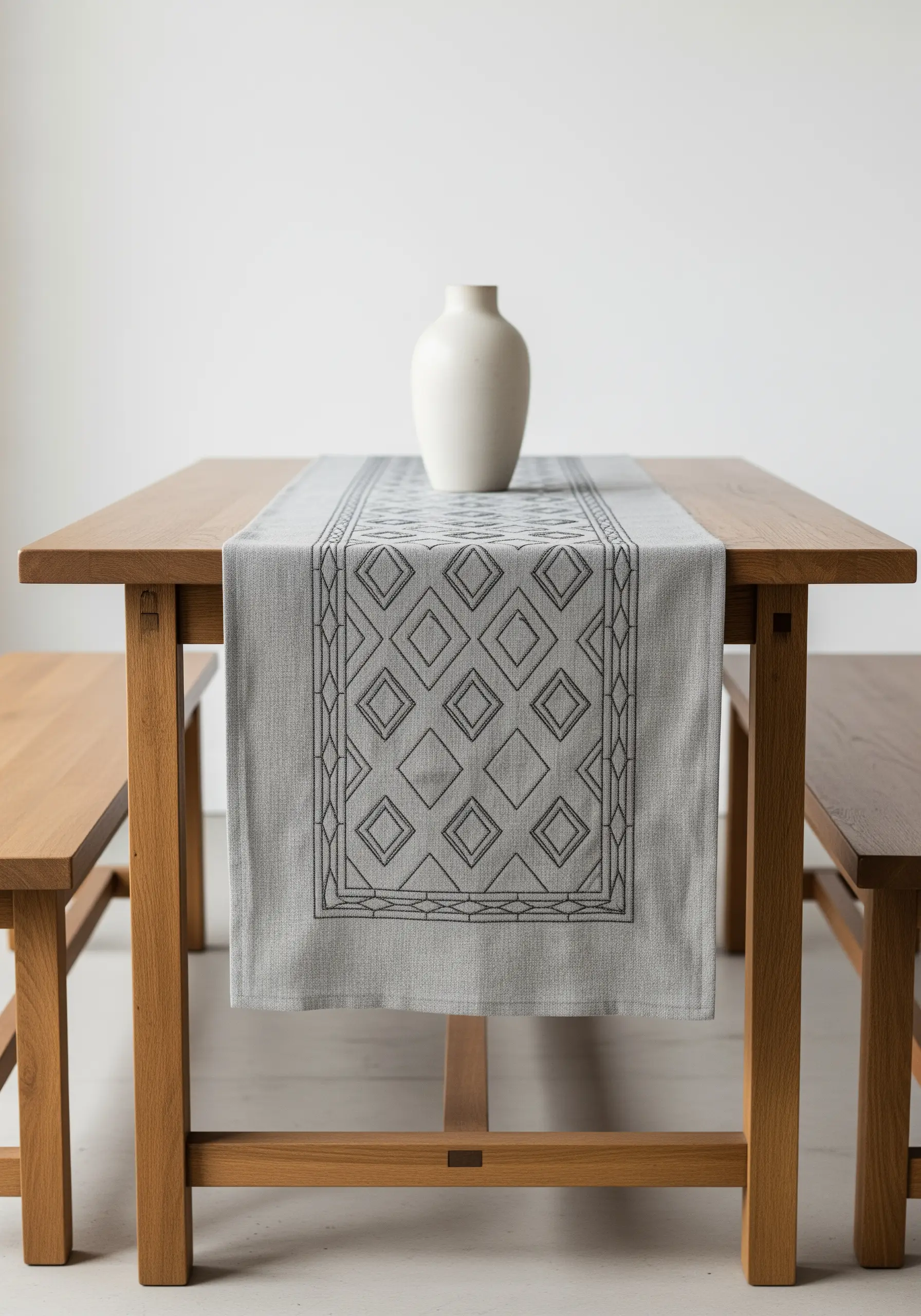 A gray table runner with an embroidered geometric diamond pattern in charcoal thread.
