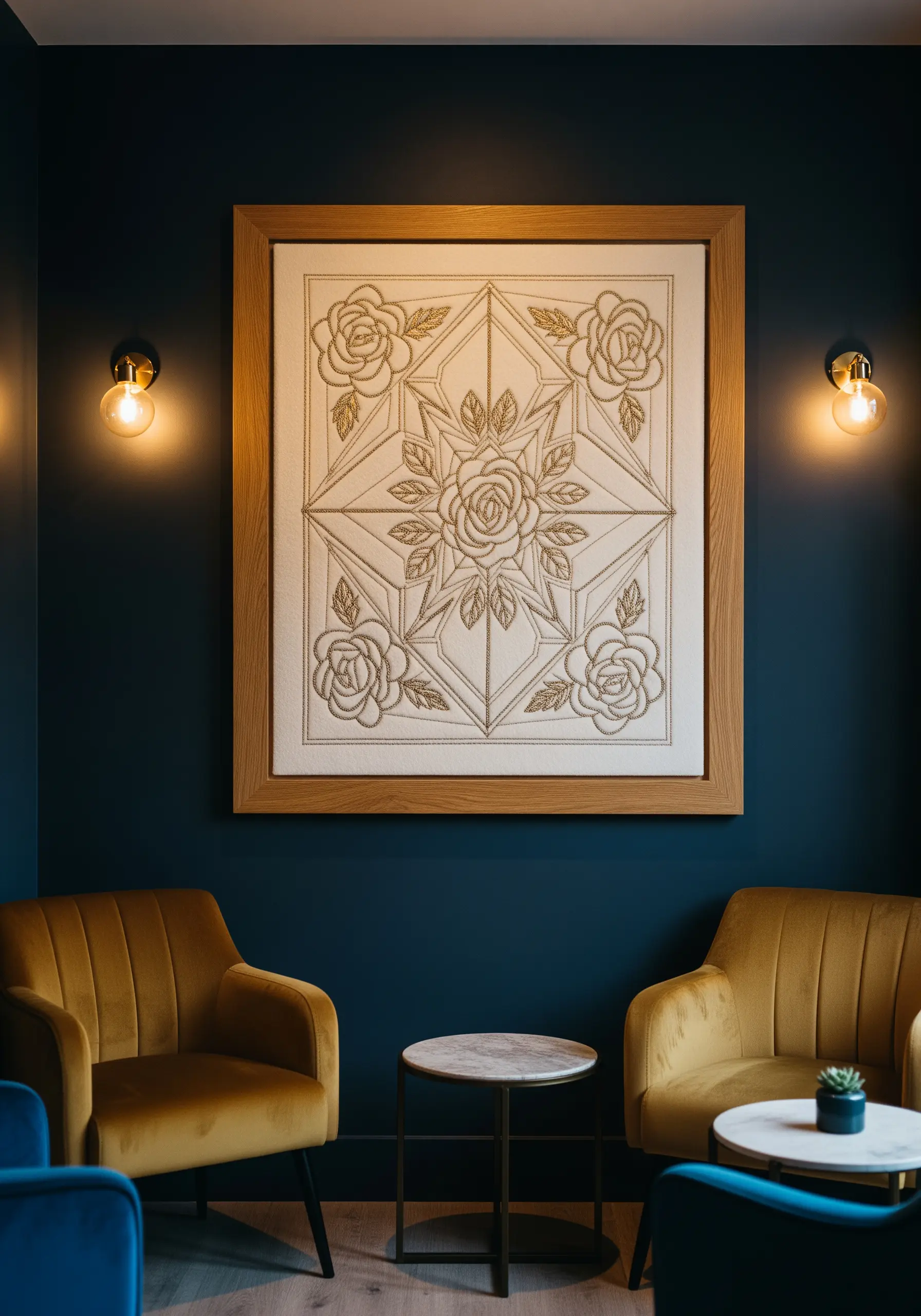 A framed piece of embroidery featuring roses overlaid on a geometric diamond pattern.