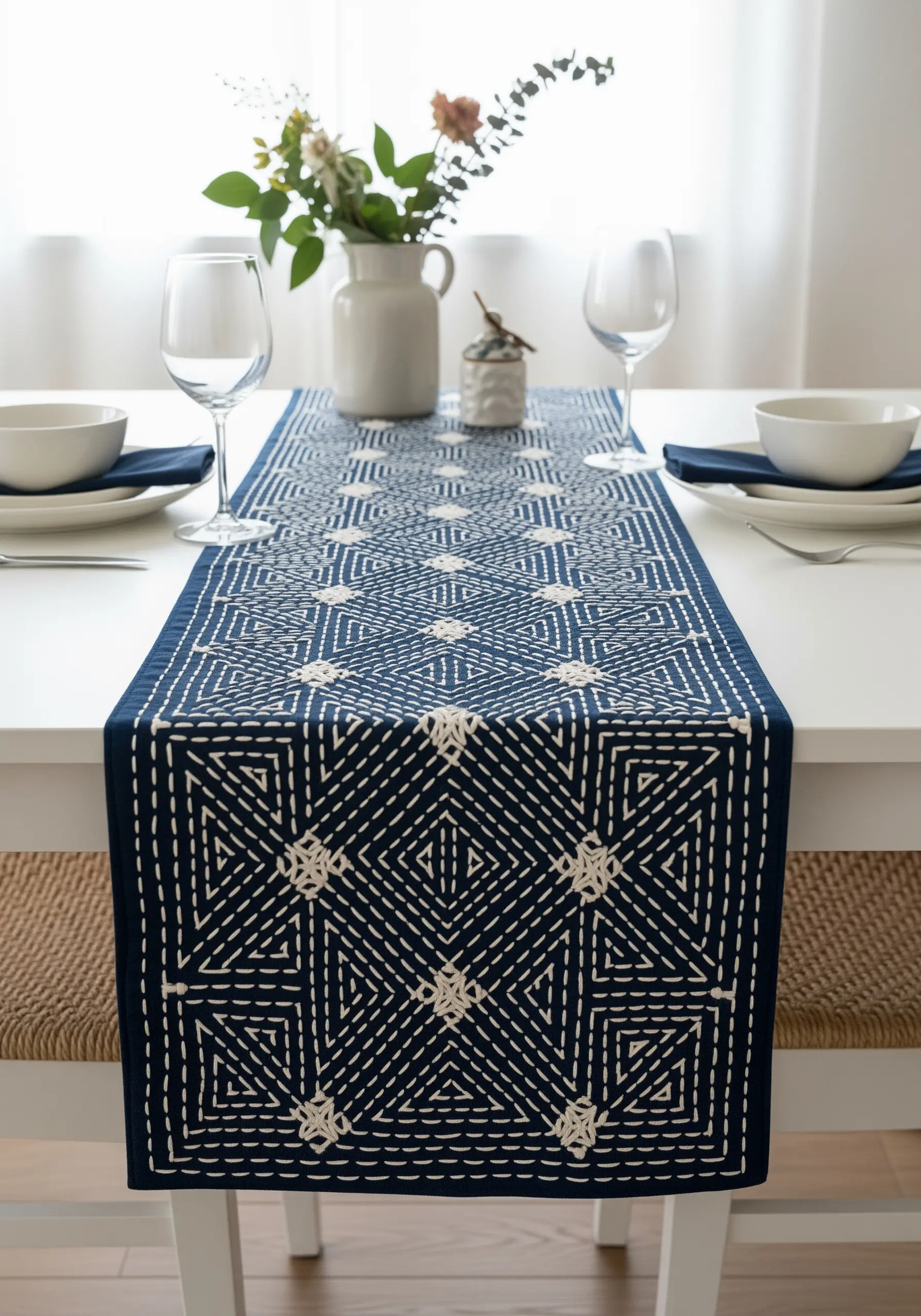 Blue table runner with a white geometric sashiko-style running stitch pattern.