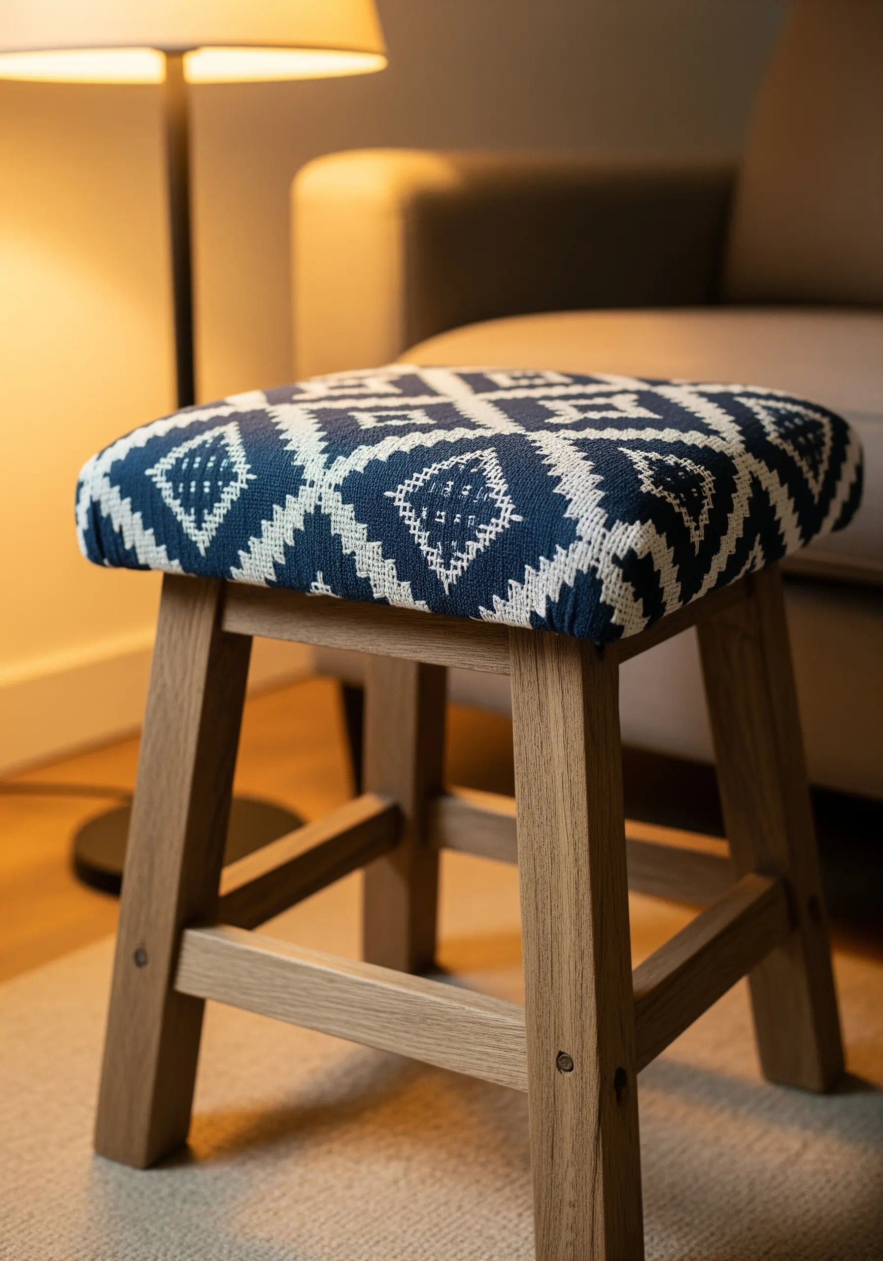 Wooden stool with blue and white geometric embroidery cover