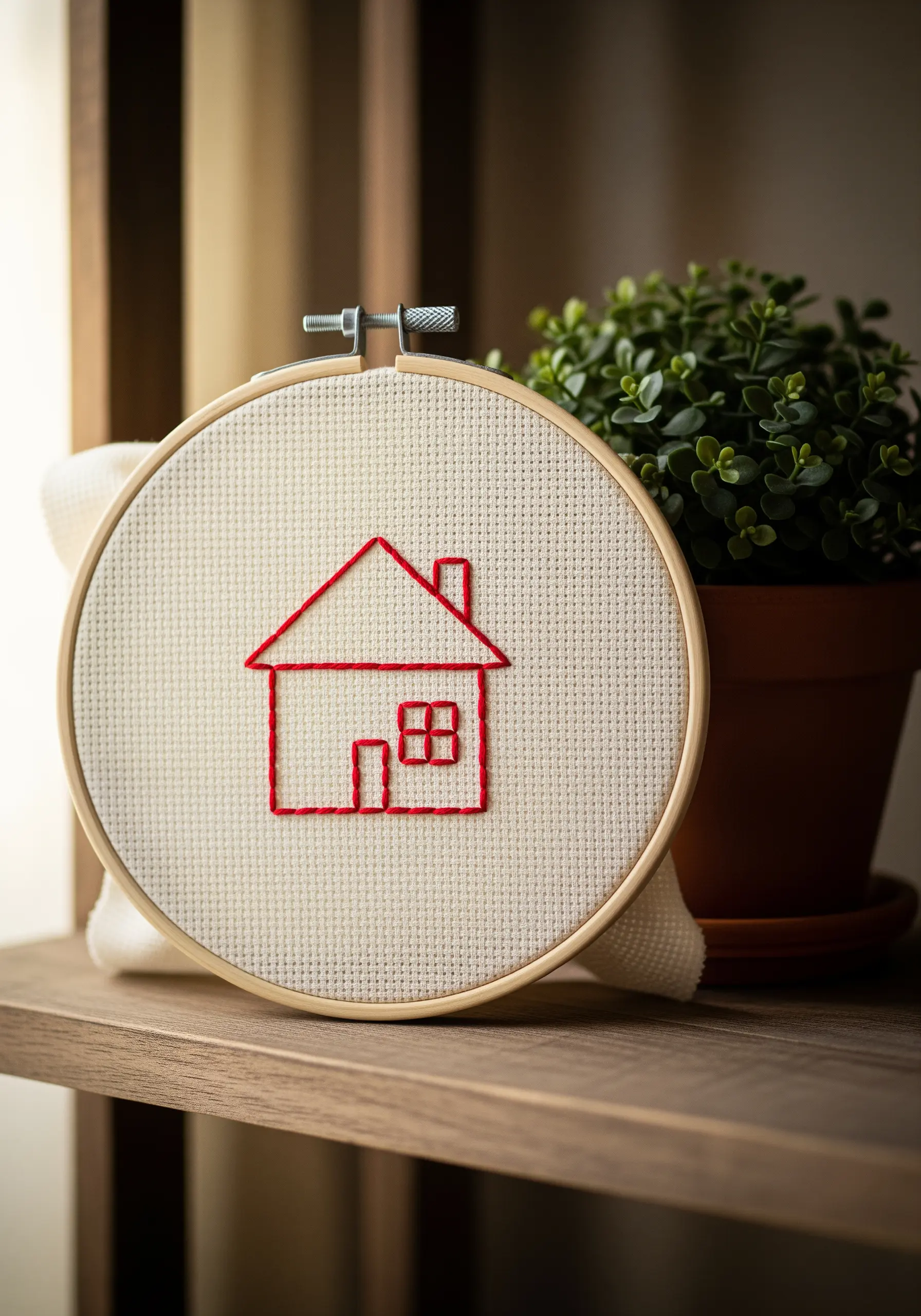 A simple house outline embroidered in red backstitch on white Aida cloth, displayed on a shelf.