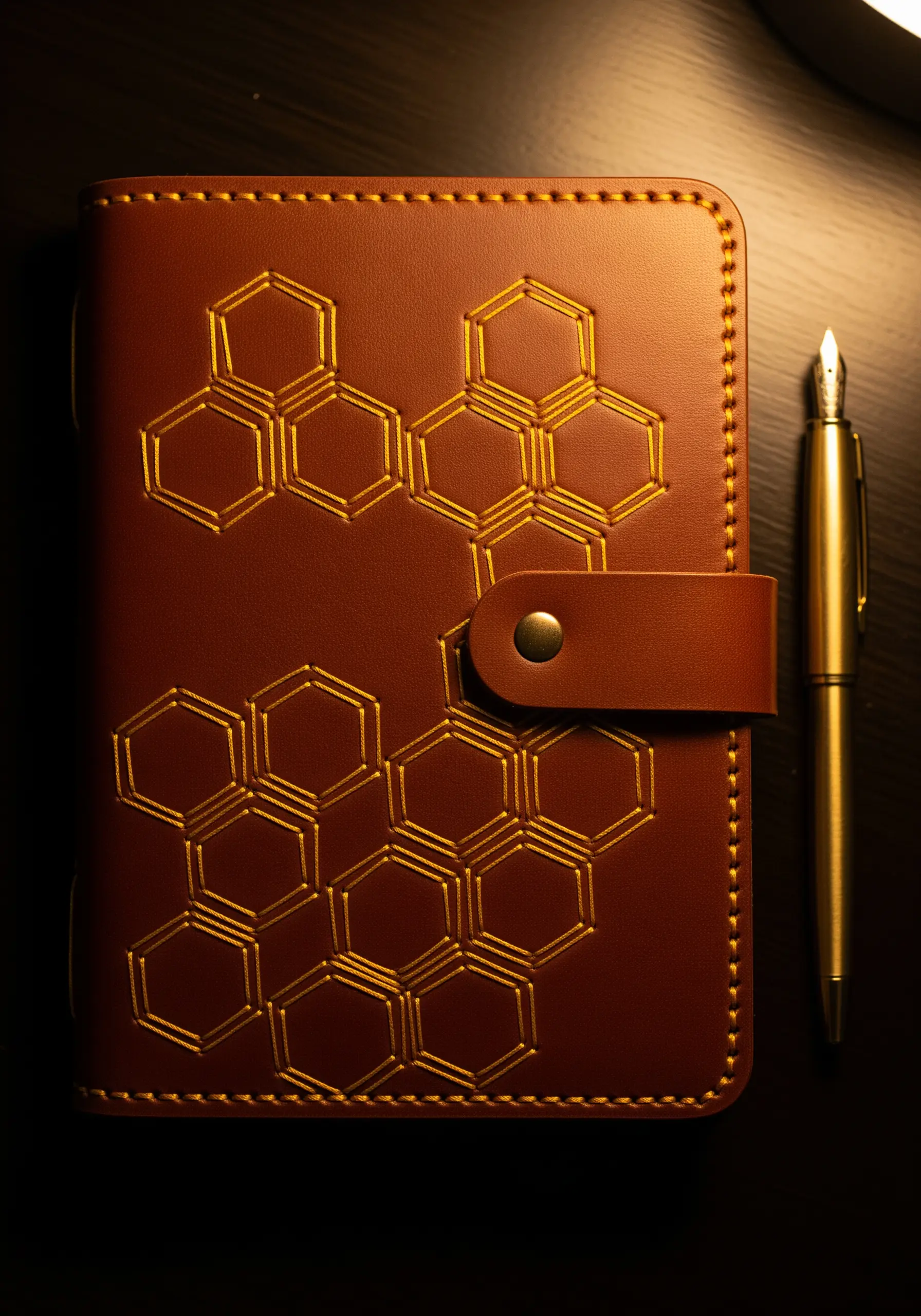 A brown leather journal cover embroidered with a geometric honeycomb pattern in gold thread.