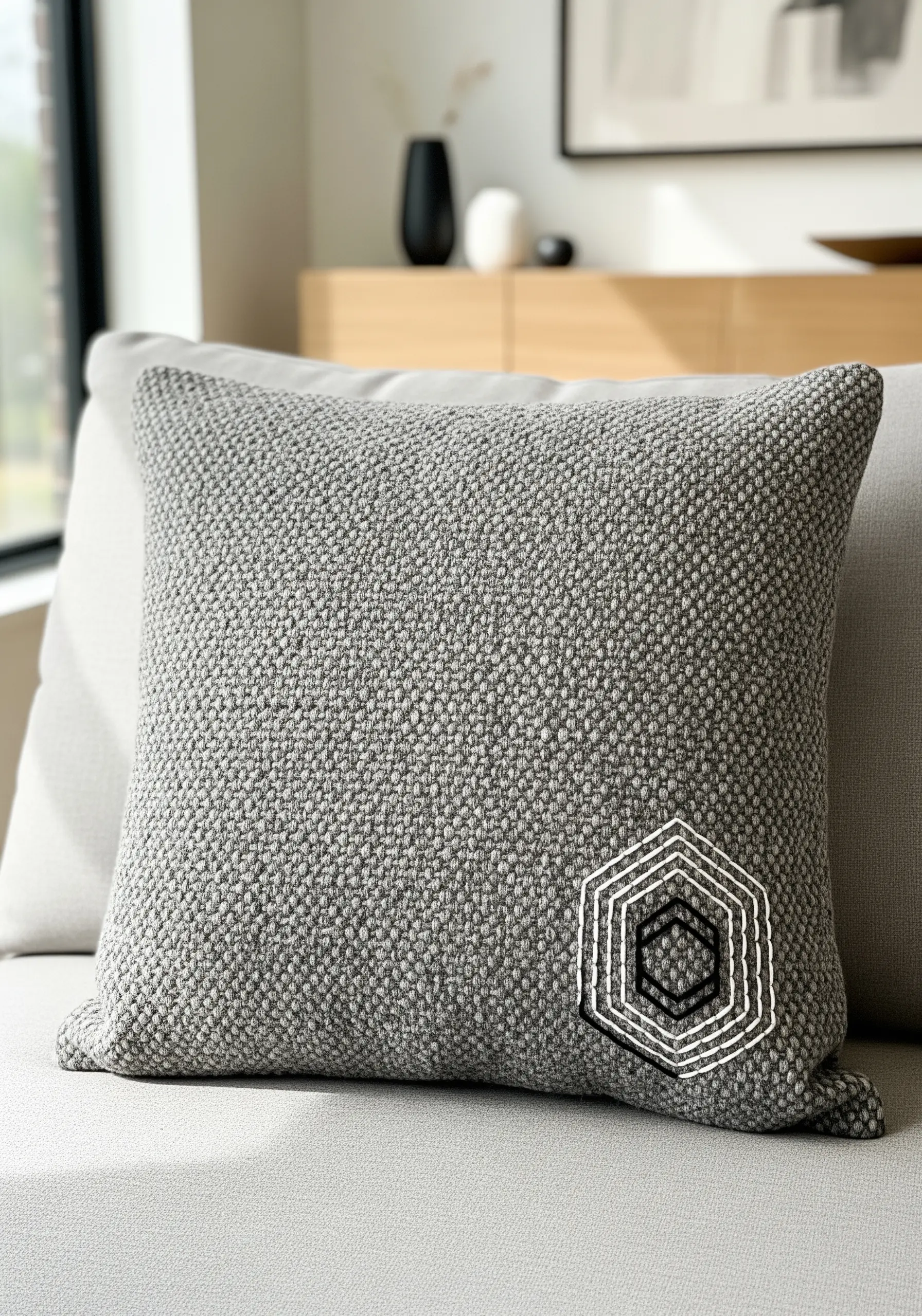 Grey knit cushion with white and black geometric hexagon embroidery