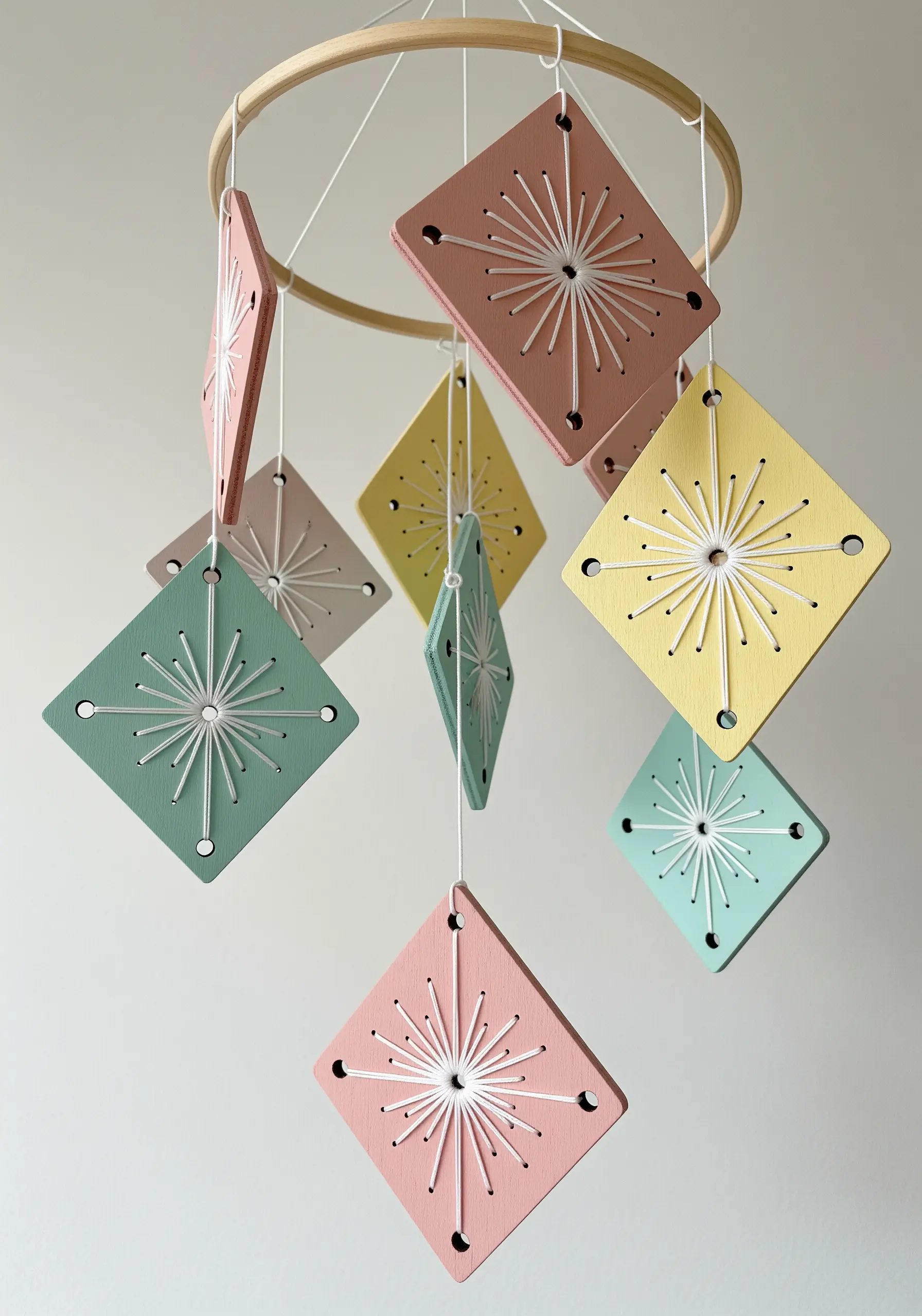 A mobile made of pastel-colored wooden diamonds with white string art patterns.