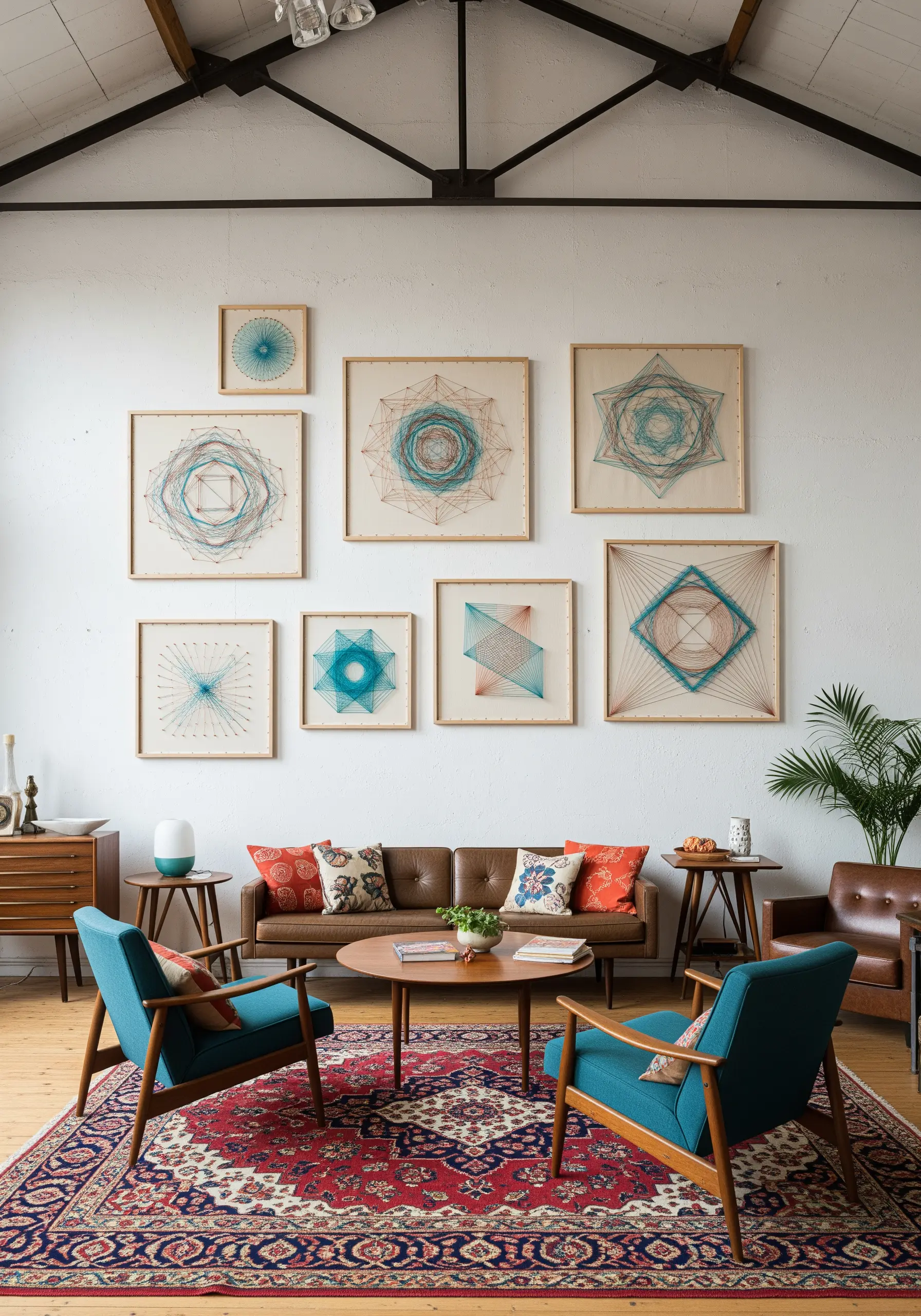 Gallery wall of square frames containing geometric string art patterns in blue and orange