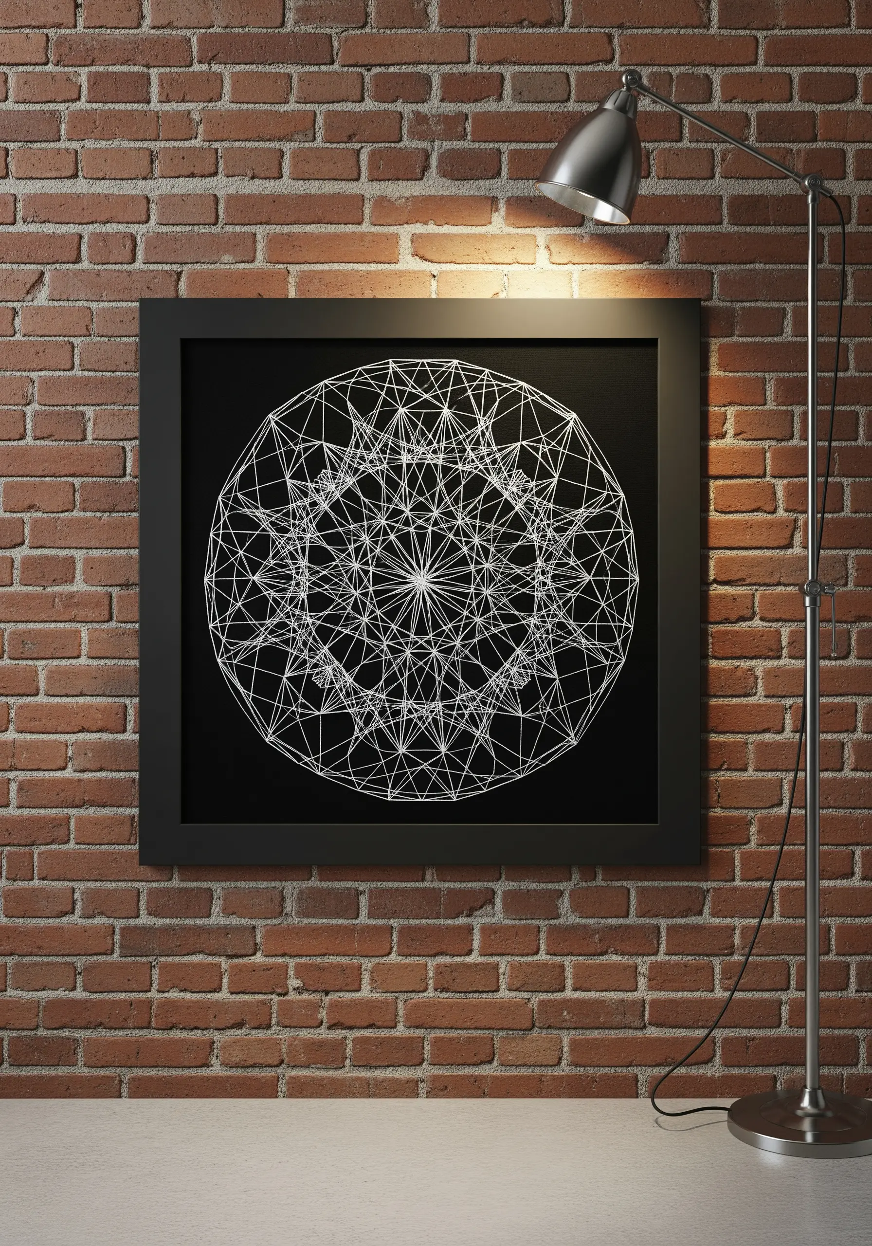Black framed artwork with white geometric mandala pattern