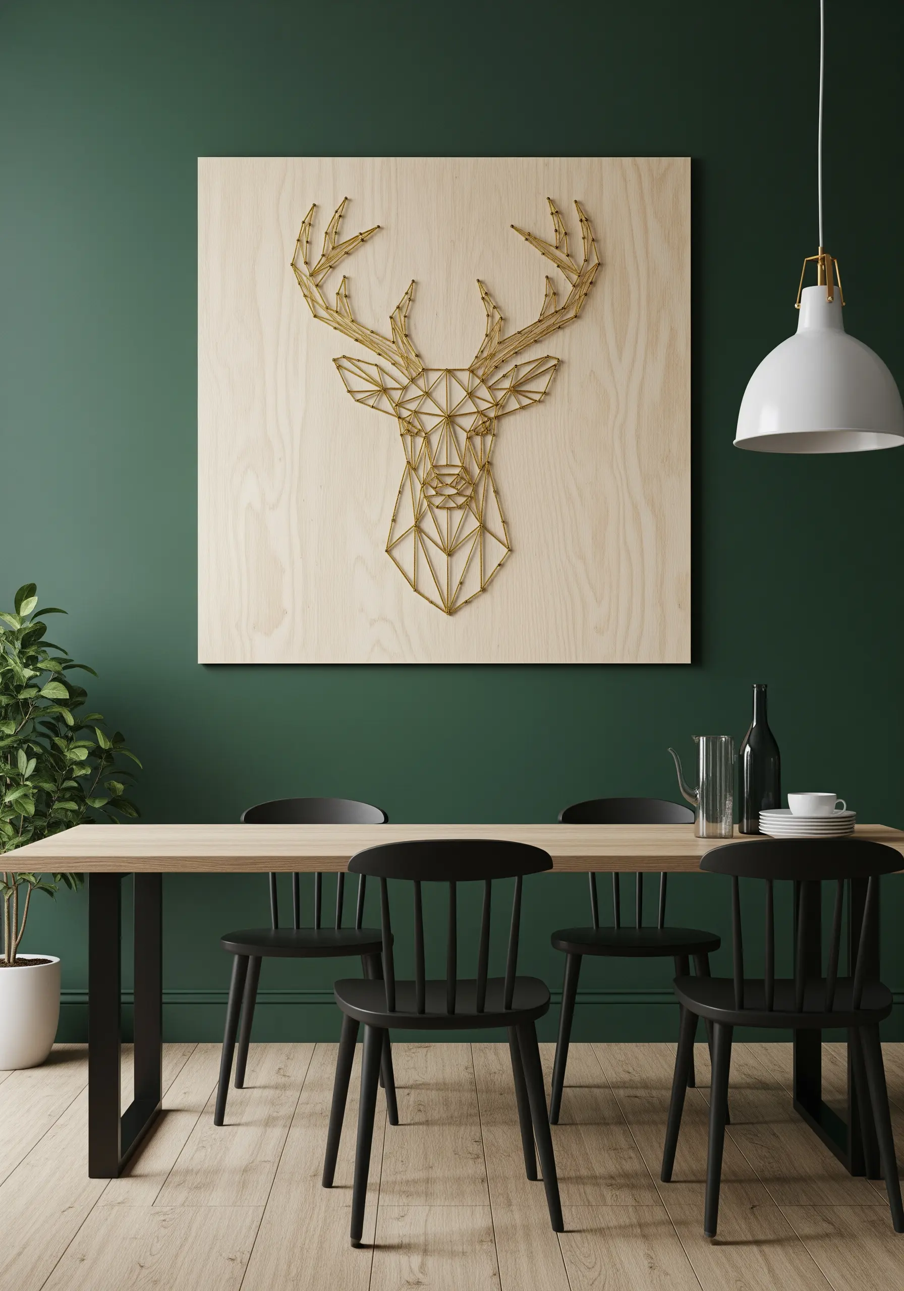 Geometric deer head created with gold thread and pins on light wood