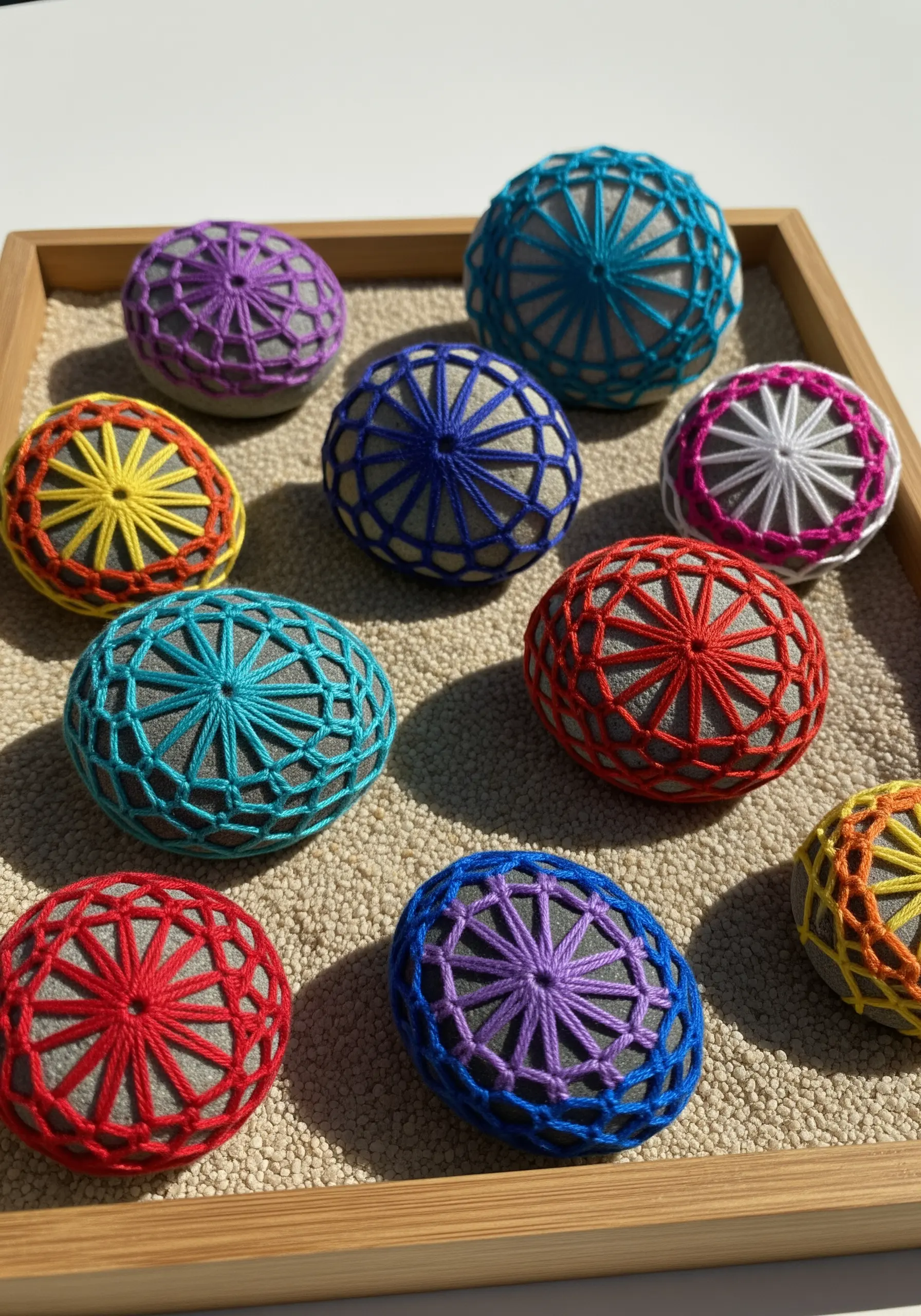 Colorful Temari balls with geometric patterns