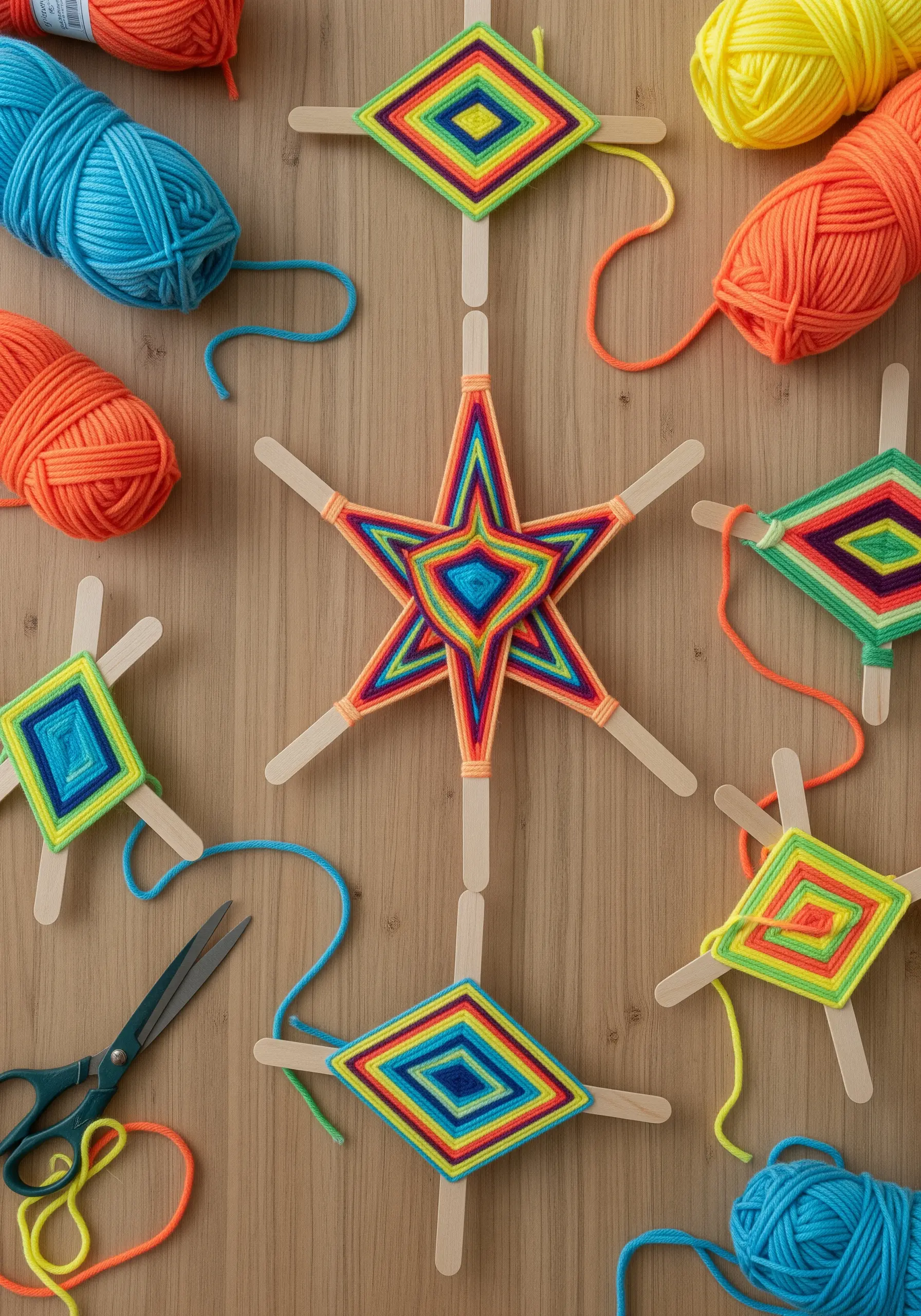 Colorful yarn God's Eye weaving crafts on wooden sticks