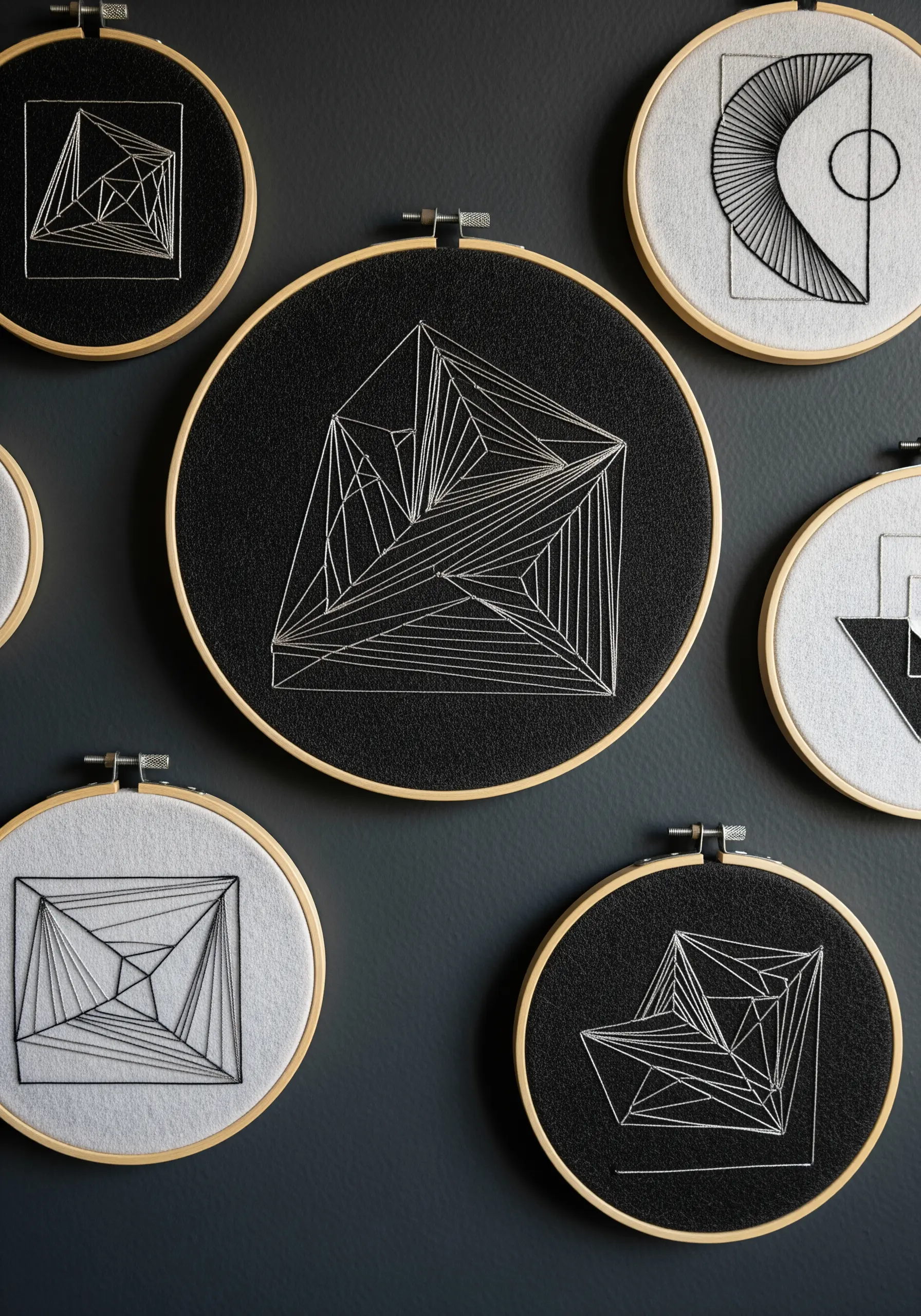 Collection of black and white geometric embroidery hoops