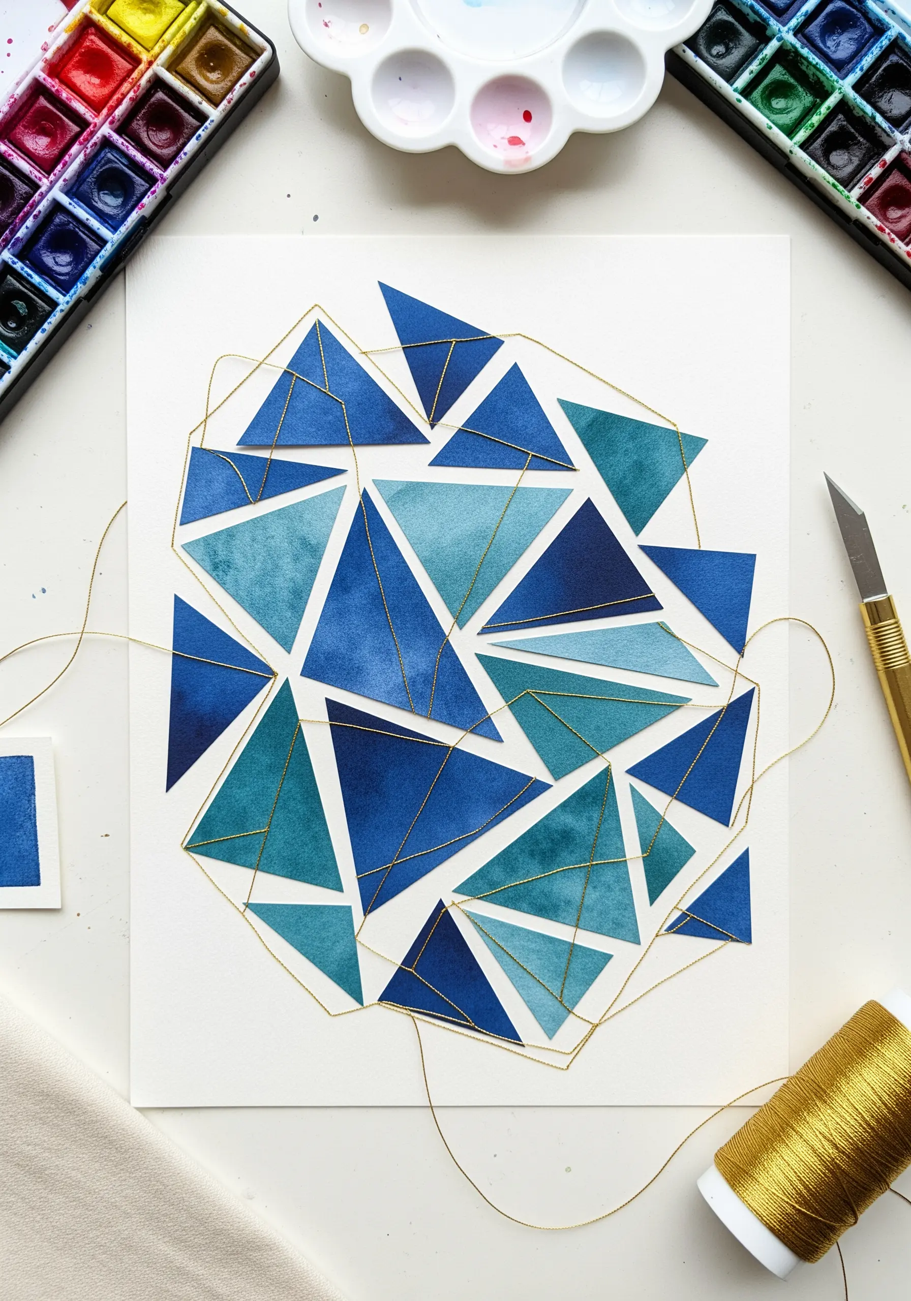 Blue watercolor triangles connected by thin gold thread stitching