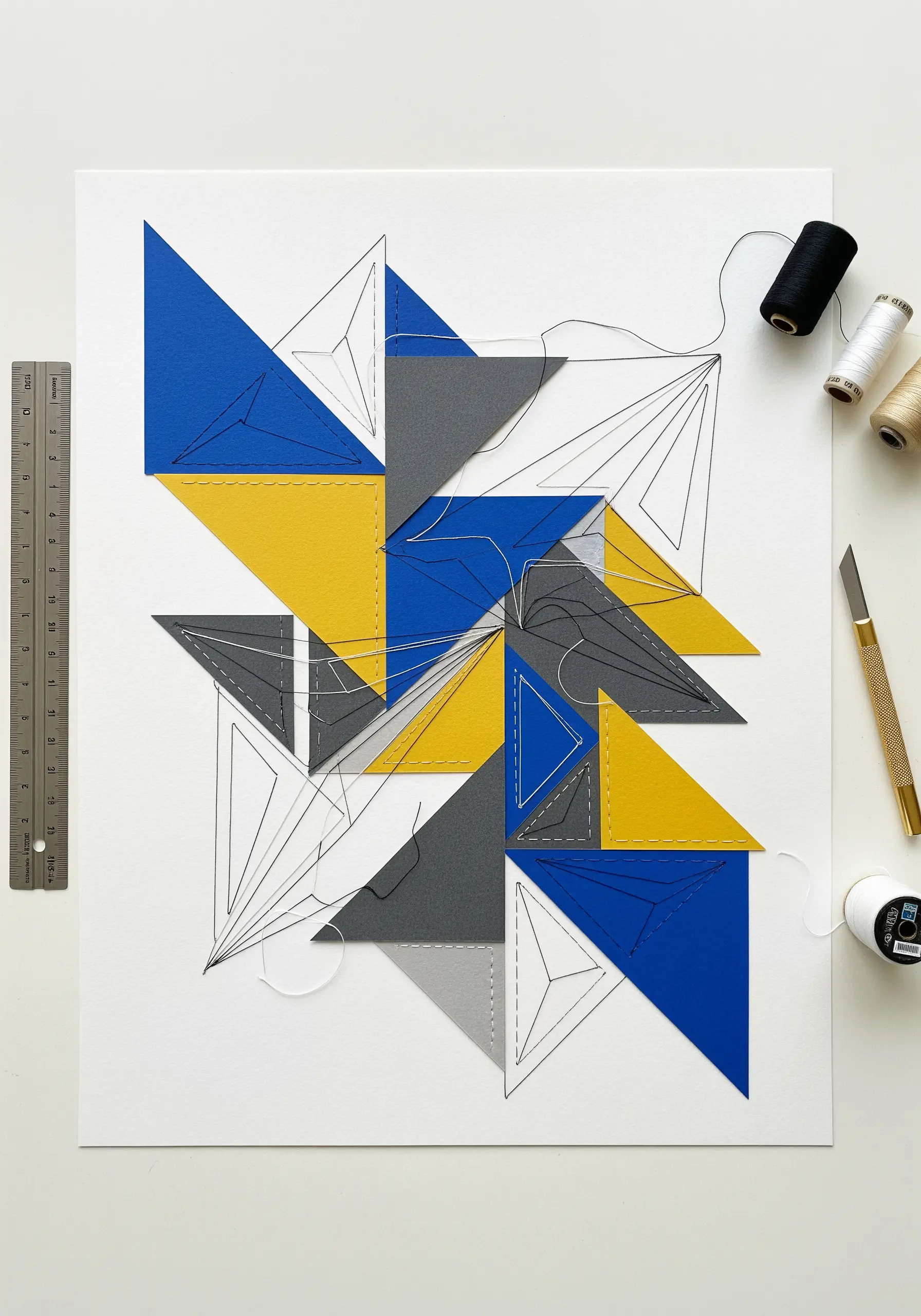 Abstract geometric embroidery design with strong blue, yellow, and grey shapes defined by line work.