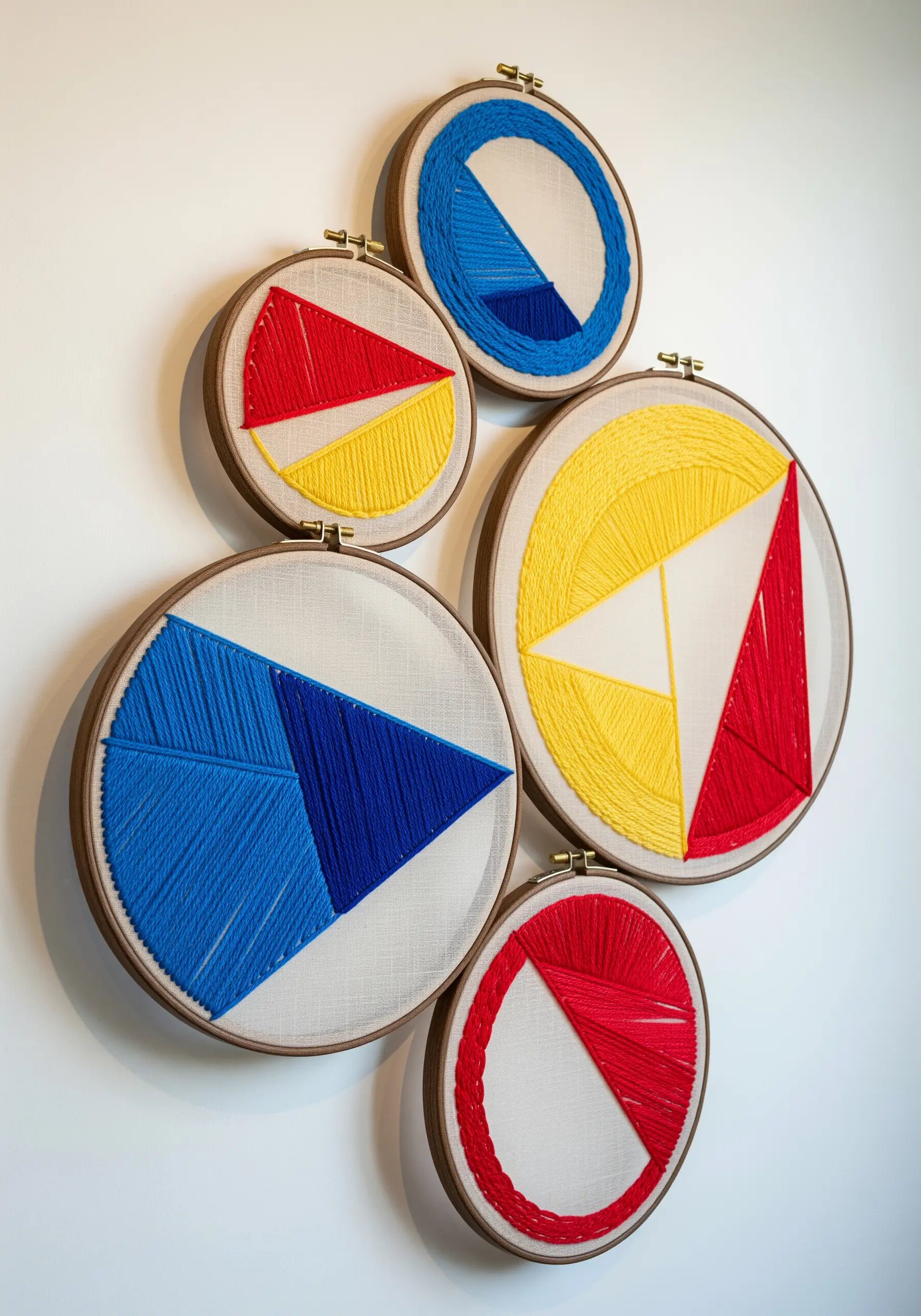A wall display of five embroidery hoops filled with geometric shapes made of red, yellow, and blue yarn.