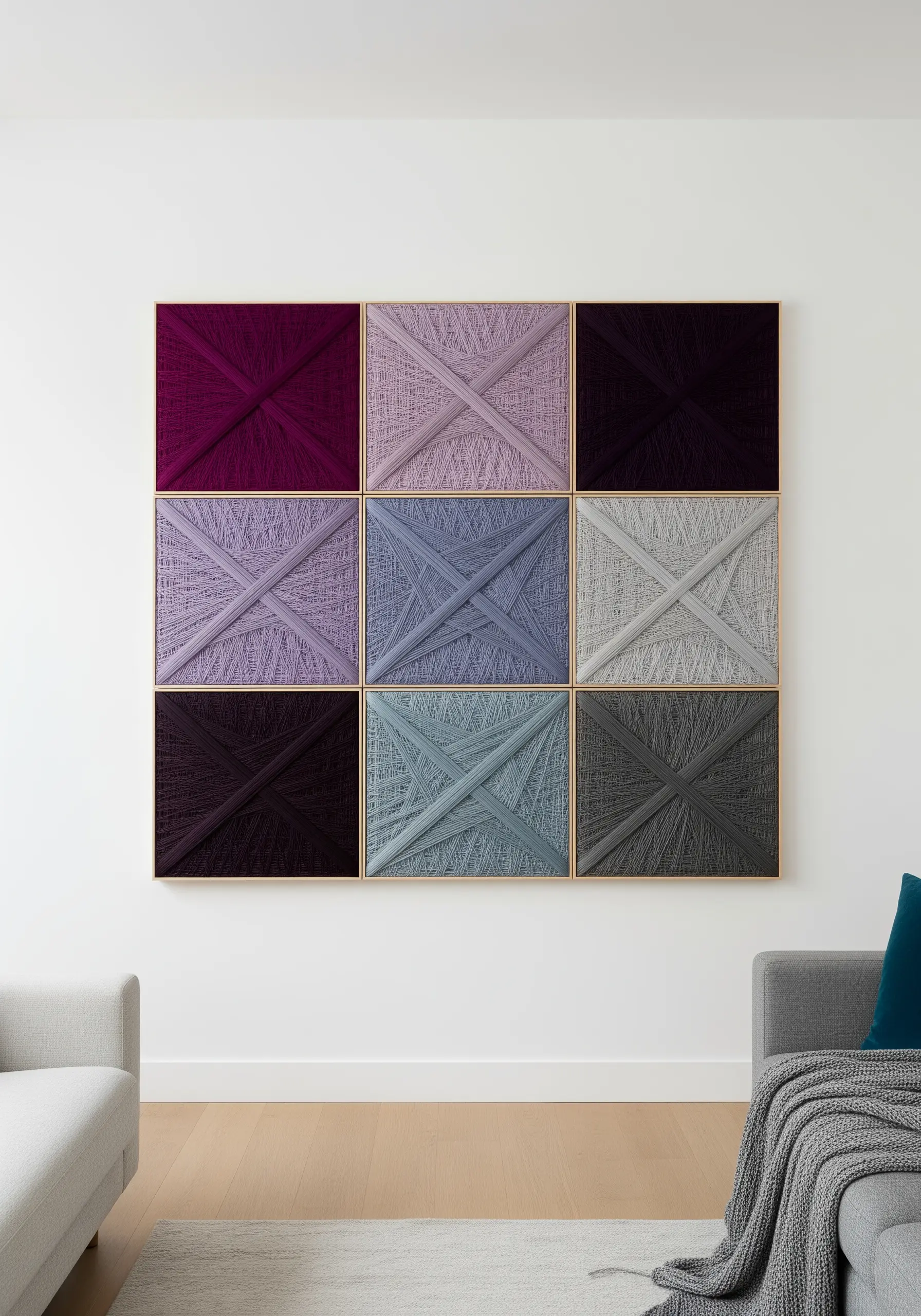 A nine-panel grid of yarn-wrapped squares in a color gradient of purple, blue, and grey.