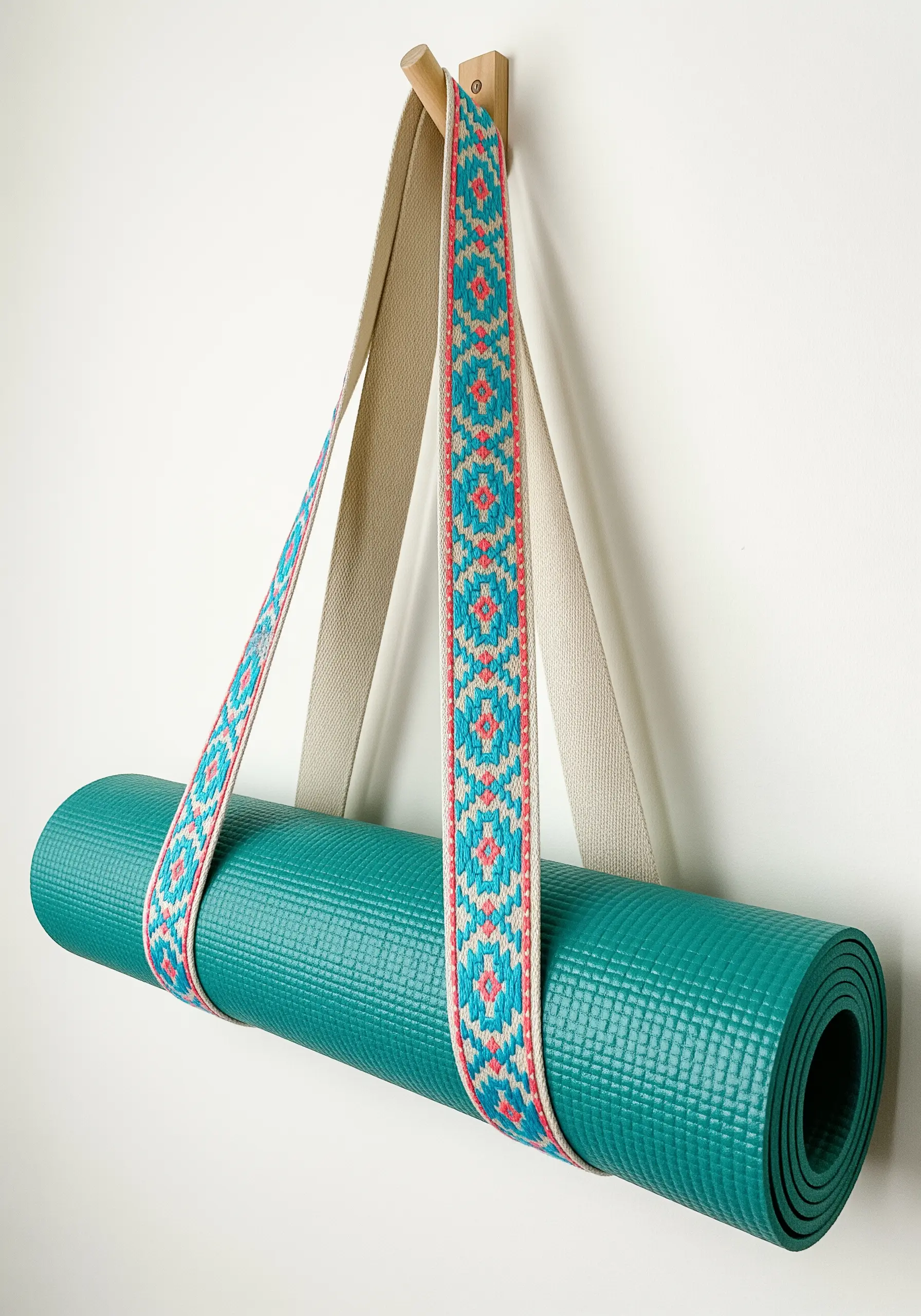 A colorful, geometrically patterned woven strap used to carry a rolled-up yoga mat.