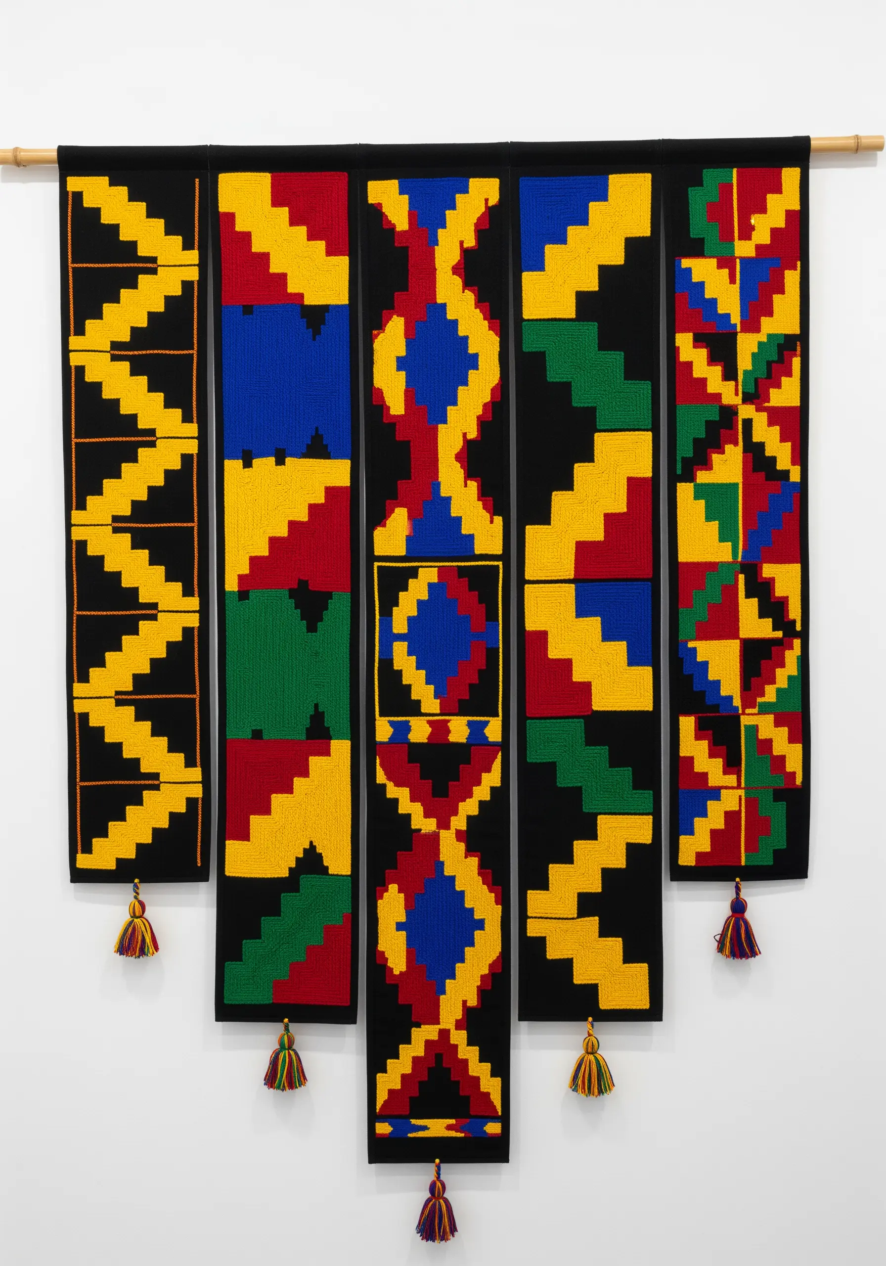 Wall hanging with embroidered panels inspired by Ghanaian Kente cloth patterns.
