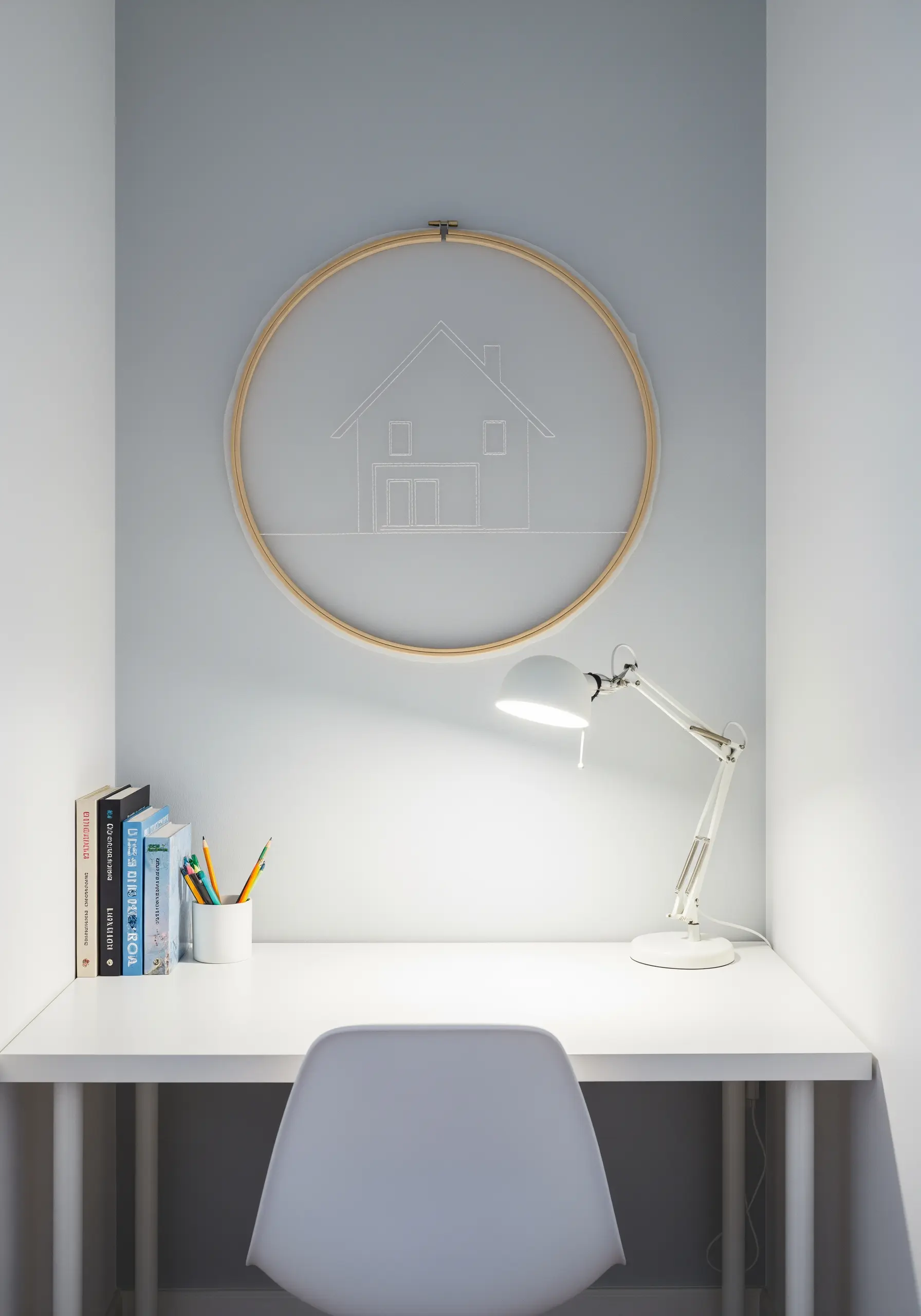 An embroidery hoop with a sheer fabric, featuring a delicate white-thread outline of a house.