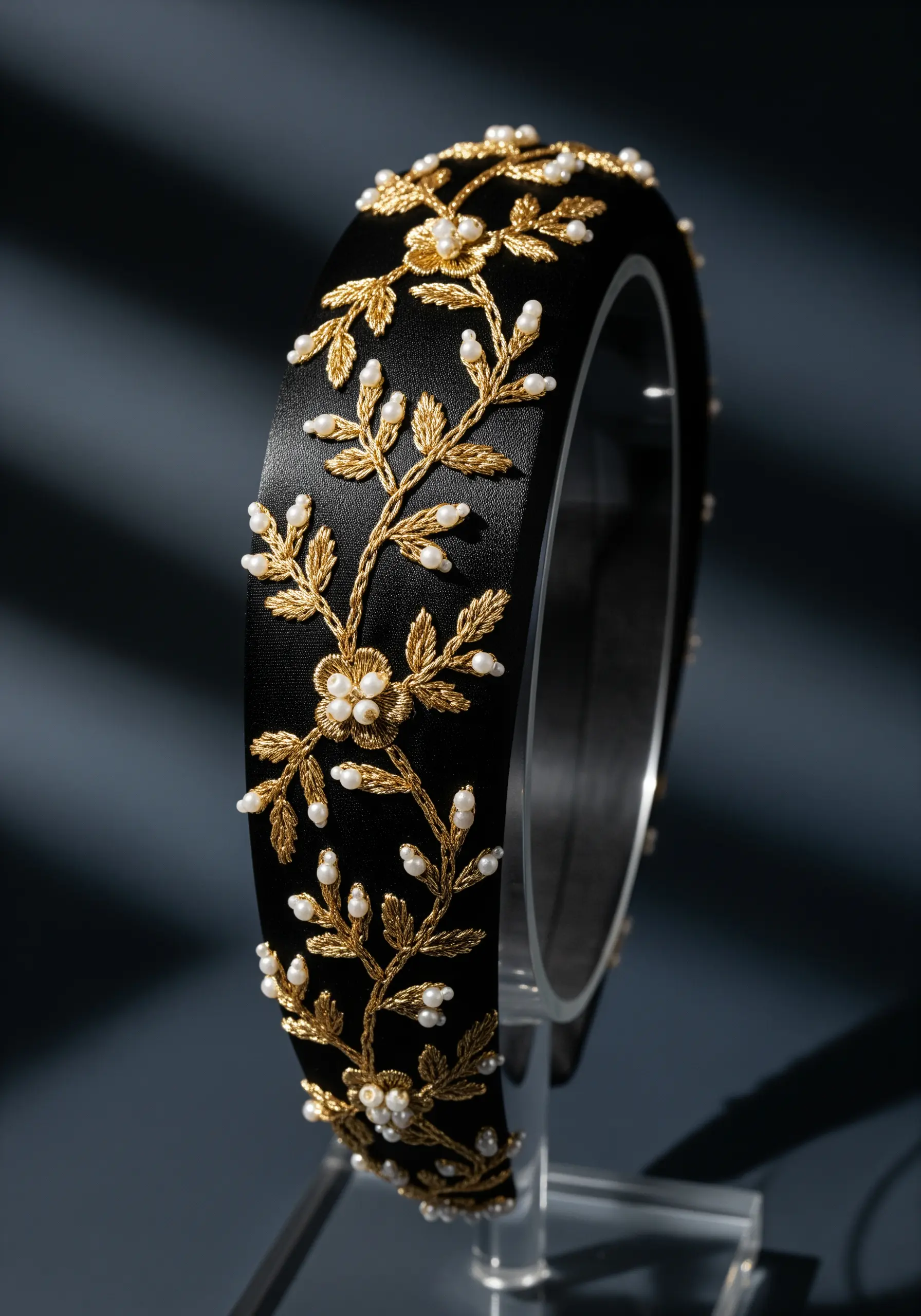 Gold metallic thread embroidery on black headband