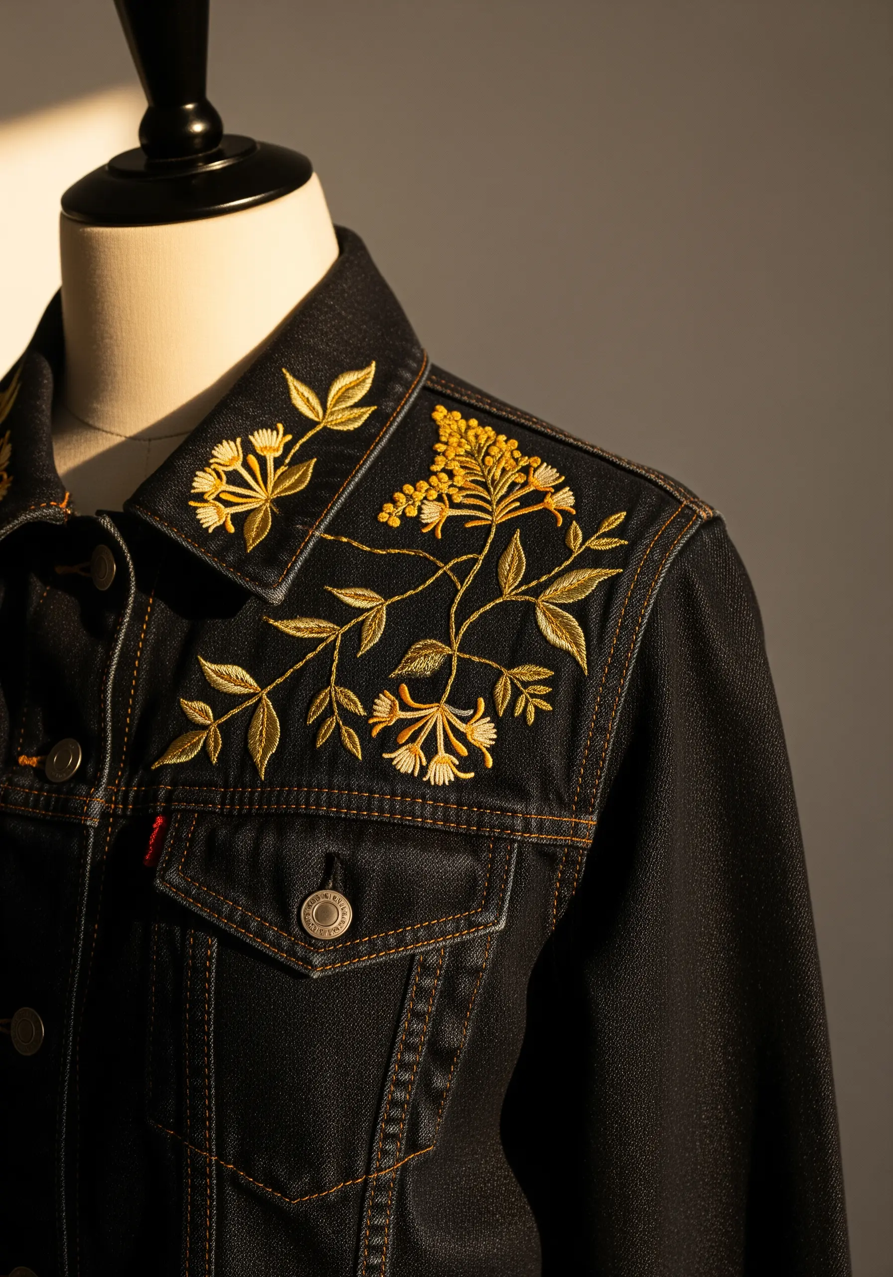 Gold and yellow floral embroidery on the shoulder of a dark denim jacket.
