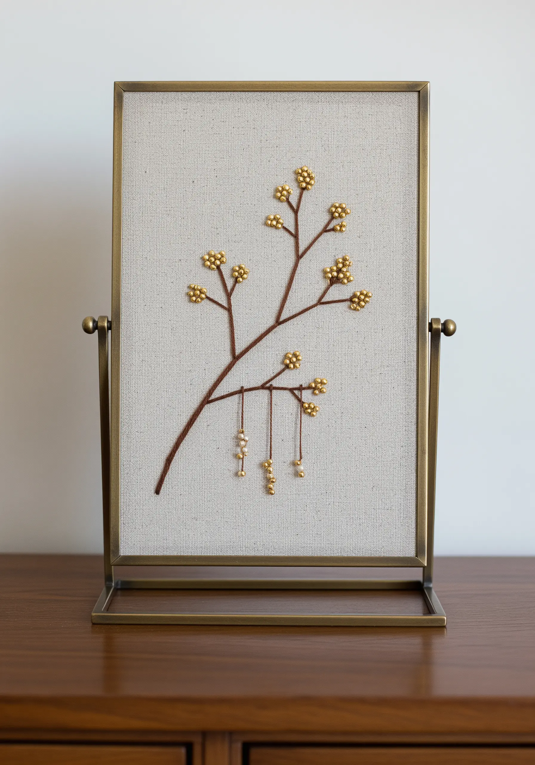 An embroidered branch on linen with gold beads forming clusters of buds.