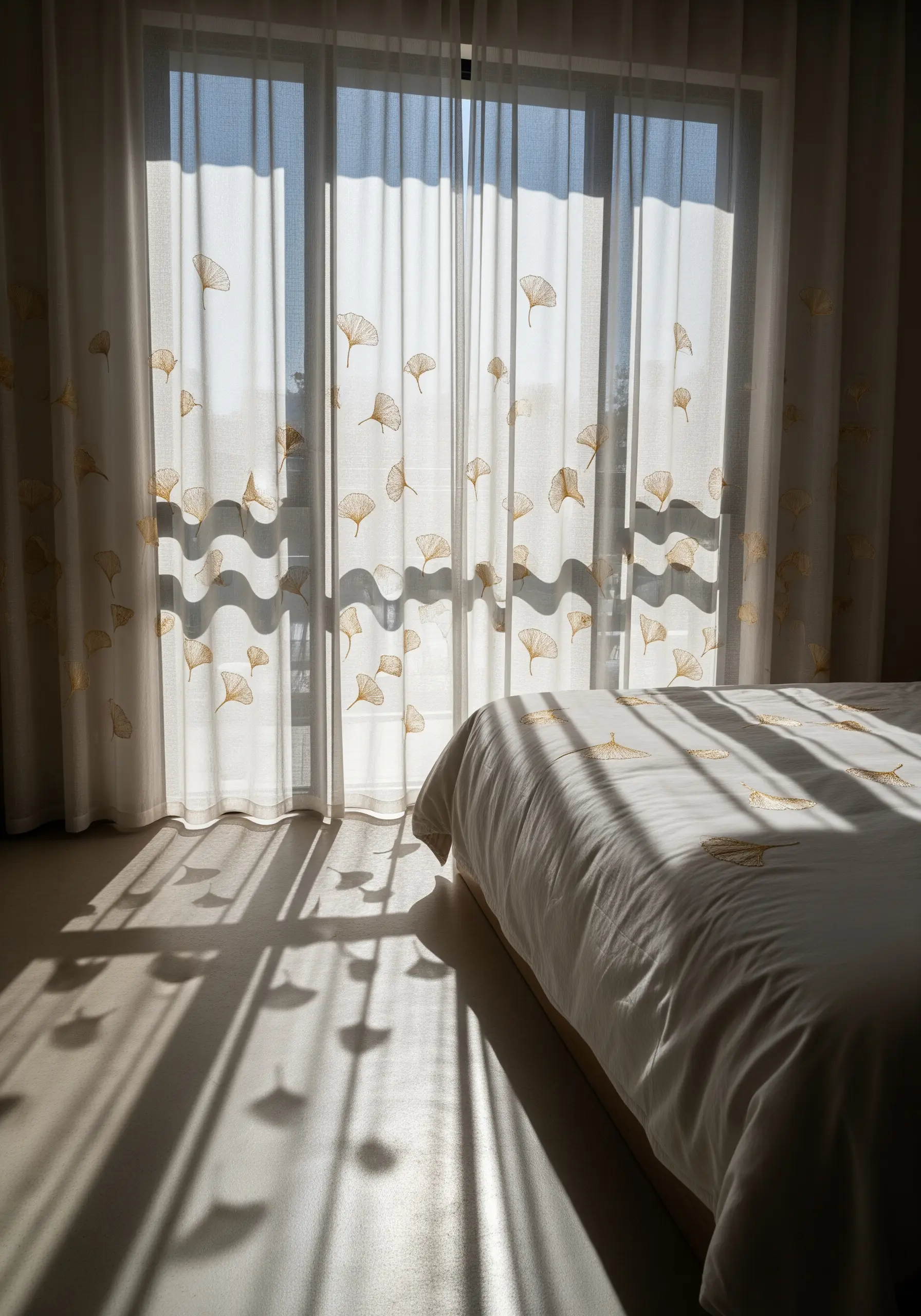 Sheer white curtains with a scattered pattern of delicate ginkgo leaves embroidered in gold thread.