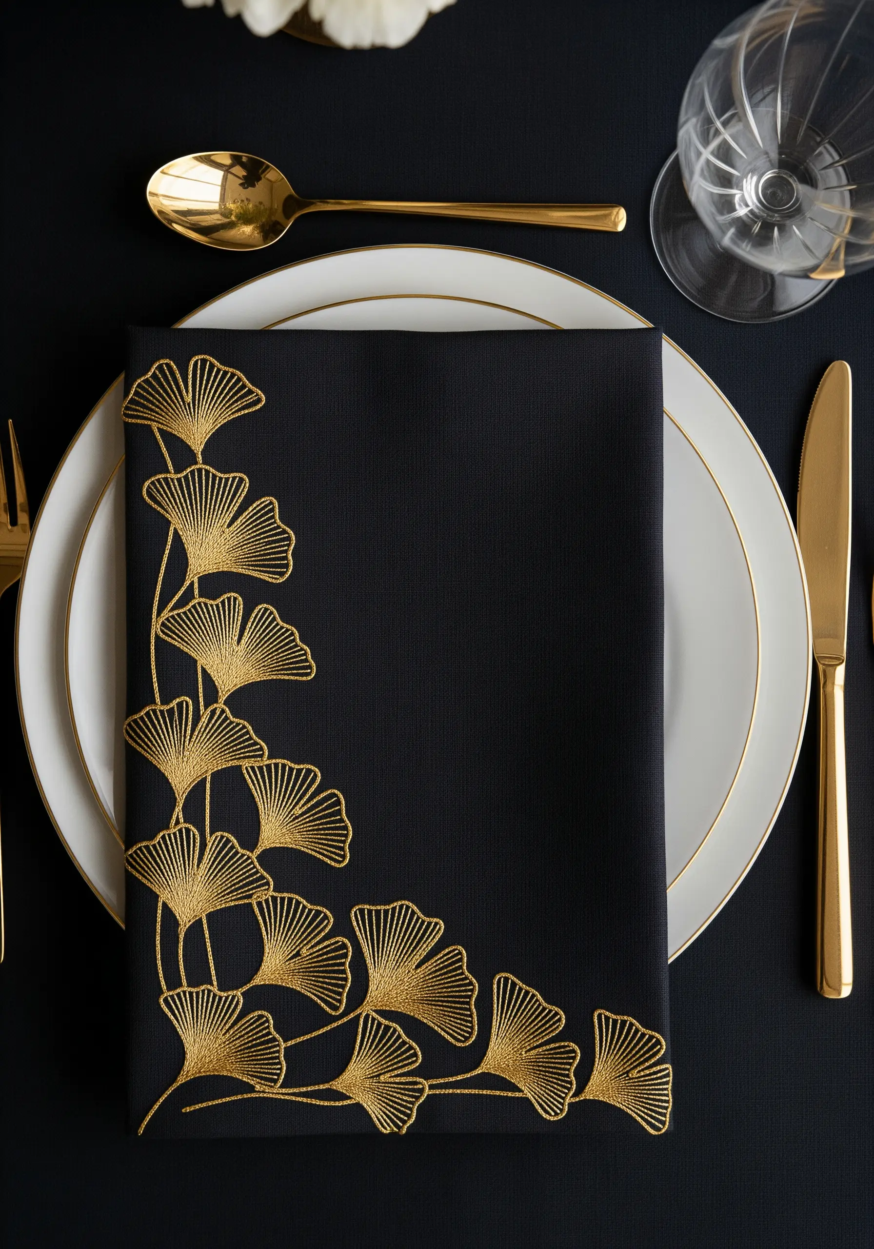 Gold metallic thread ginkgo leaves embroidered on a black napkin.
