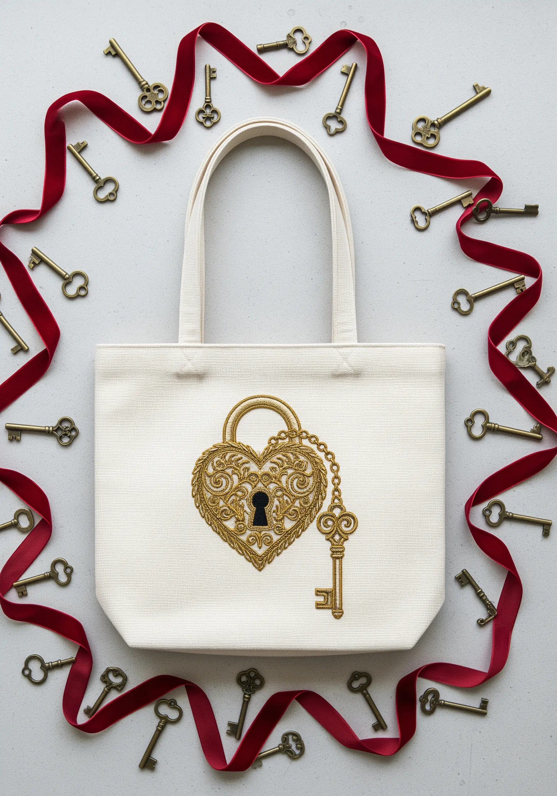 Elaborate gold metallic thread embroidery of a heart-shaped lock and key on a white canvas tote.