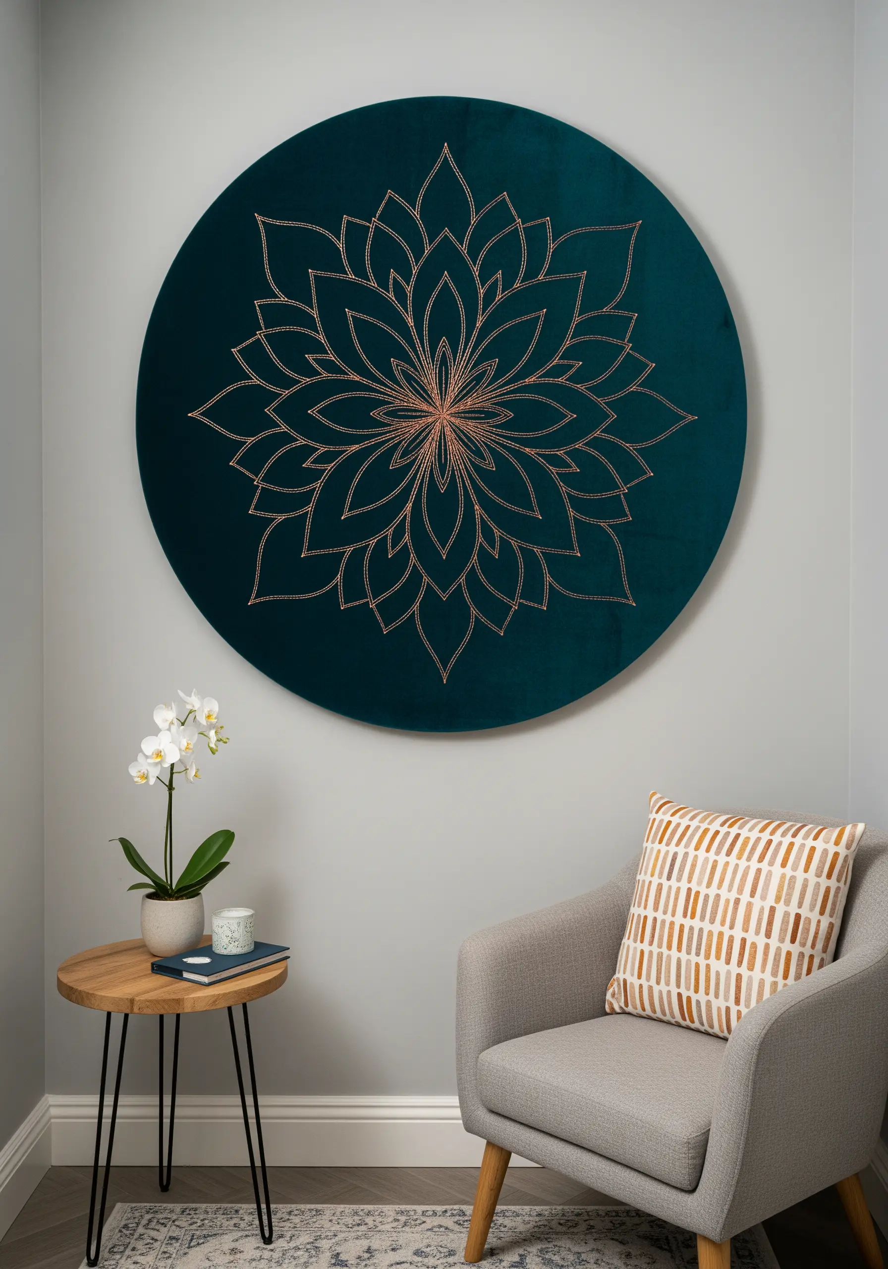 A geometric lotus flower embroidered in gold metallic thread on a dark teal velvet canvas.