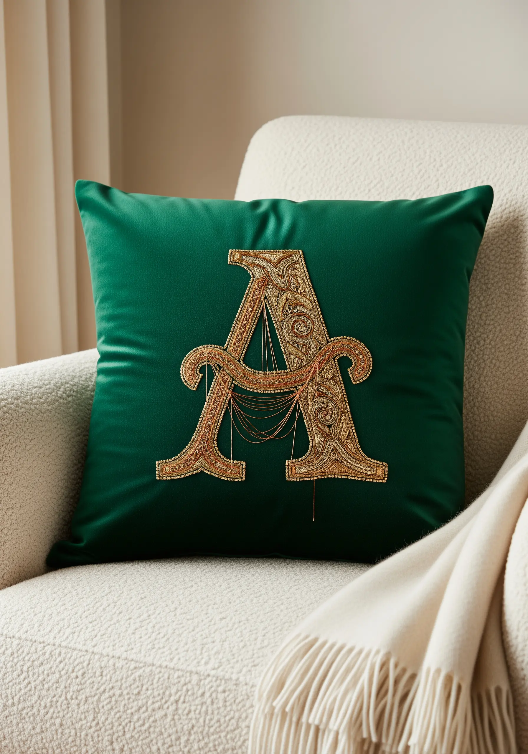 A gold embroidered letter 'A' with intricate beading on a dark green velvet cushion.