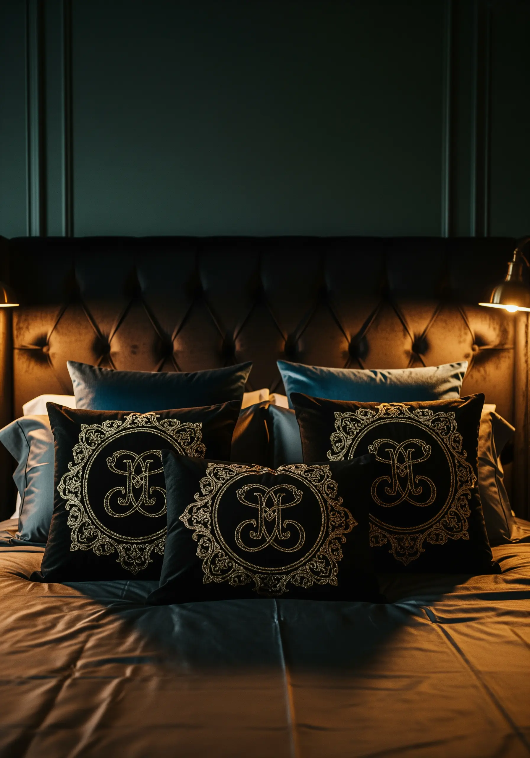 Ornate gold metallic thread monogram embroidery on black velvet cushions.