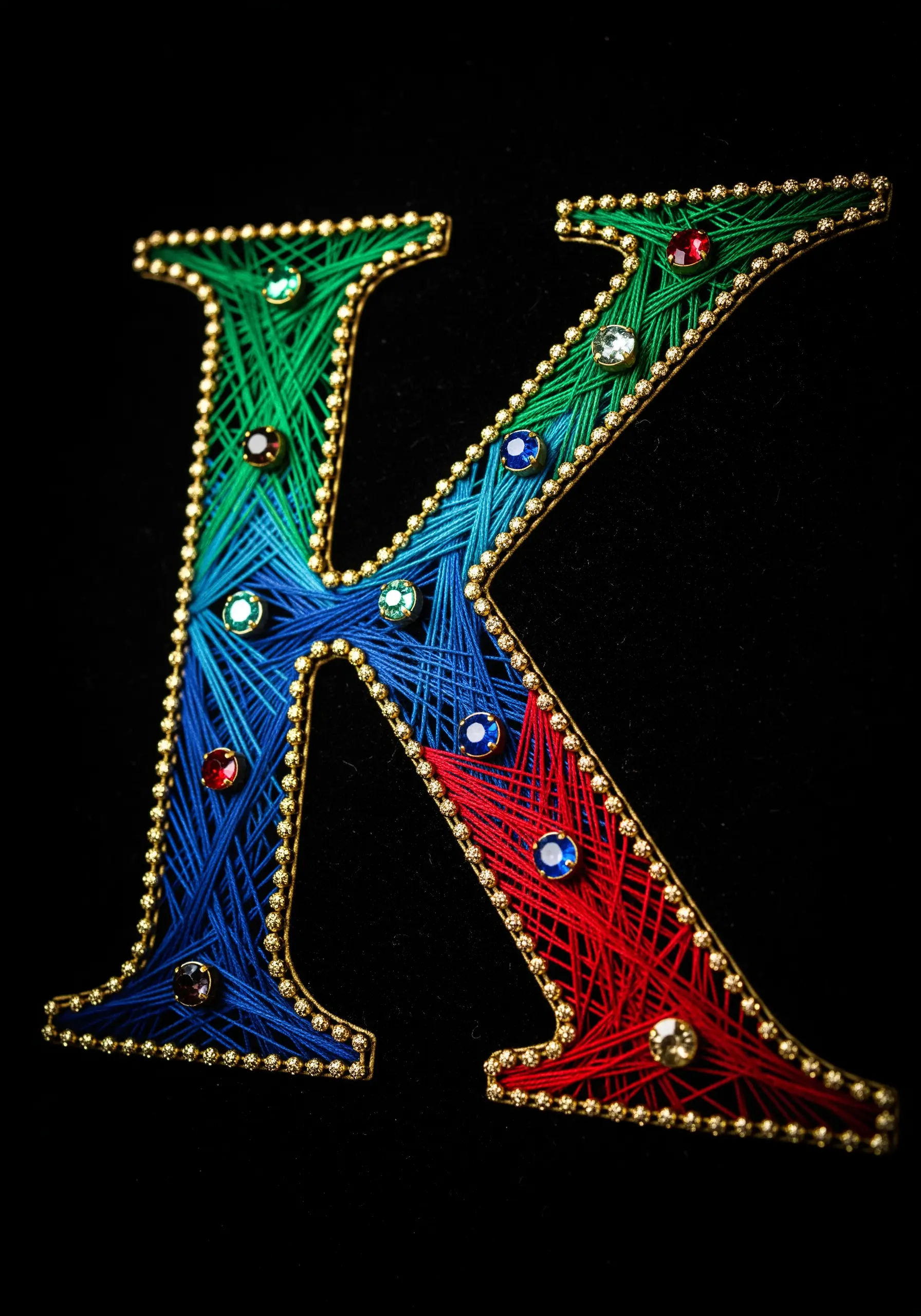 A colorful monogram with a couched gold outline and embellished with small gemstones.