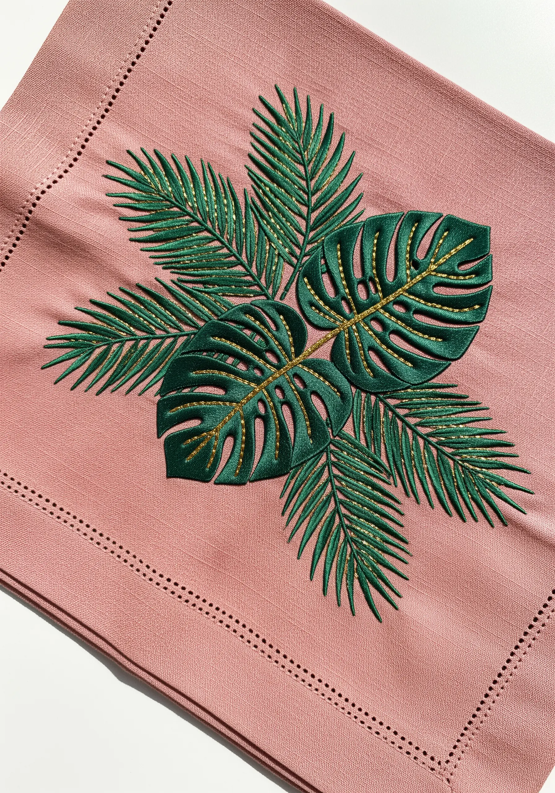 Bold monstera and palm leaves in deep green with gold metallic thread details.