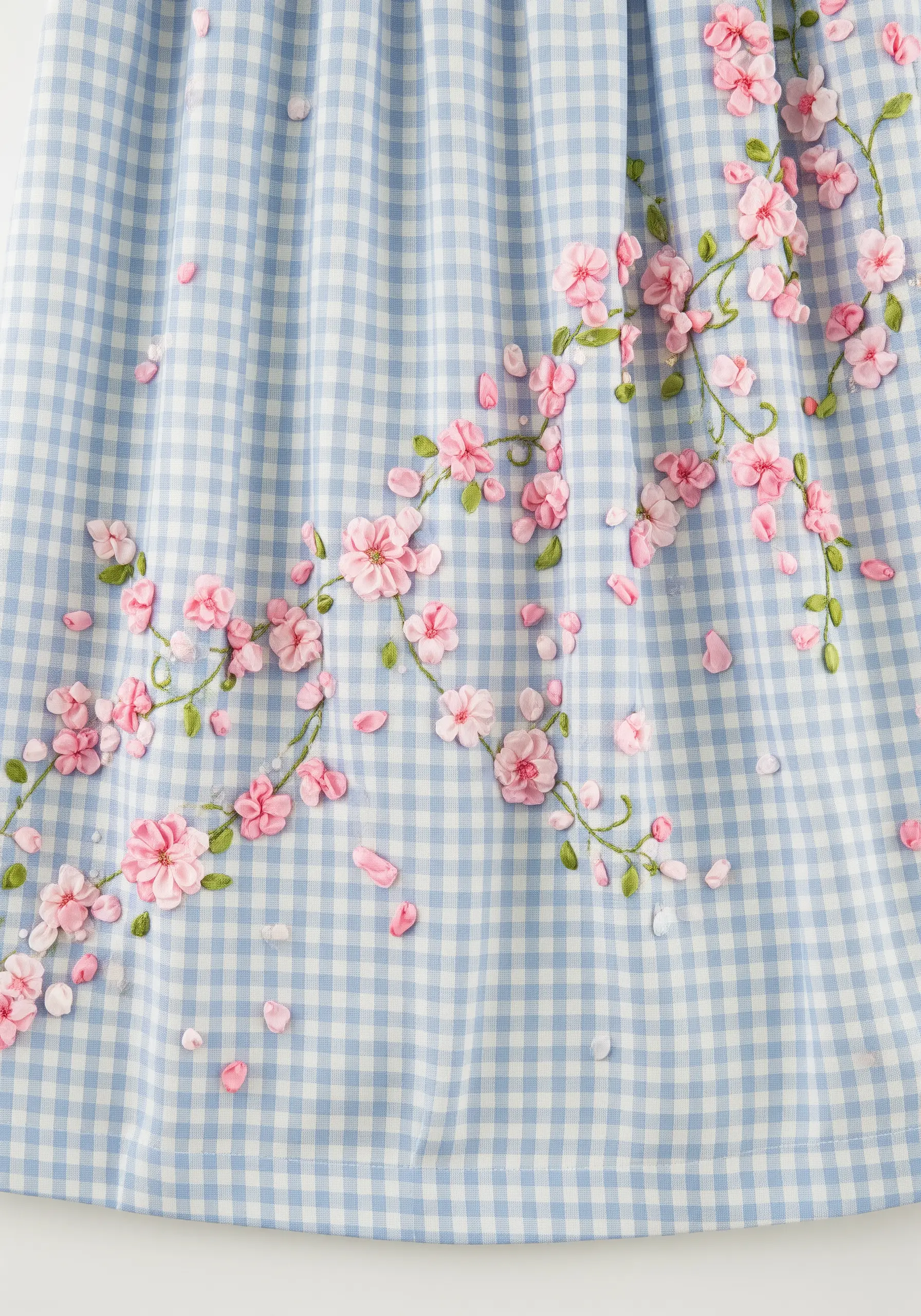 Blue gingham dress with pink cherry blossom branch embroidery